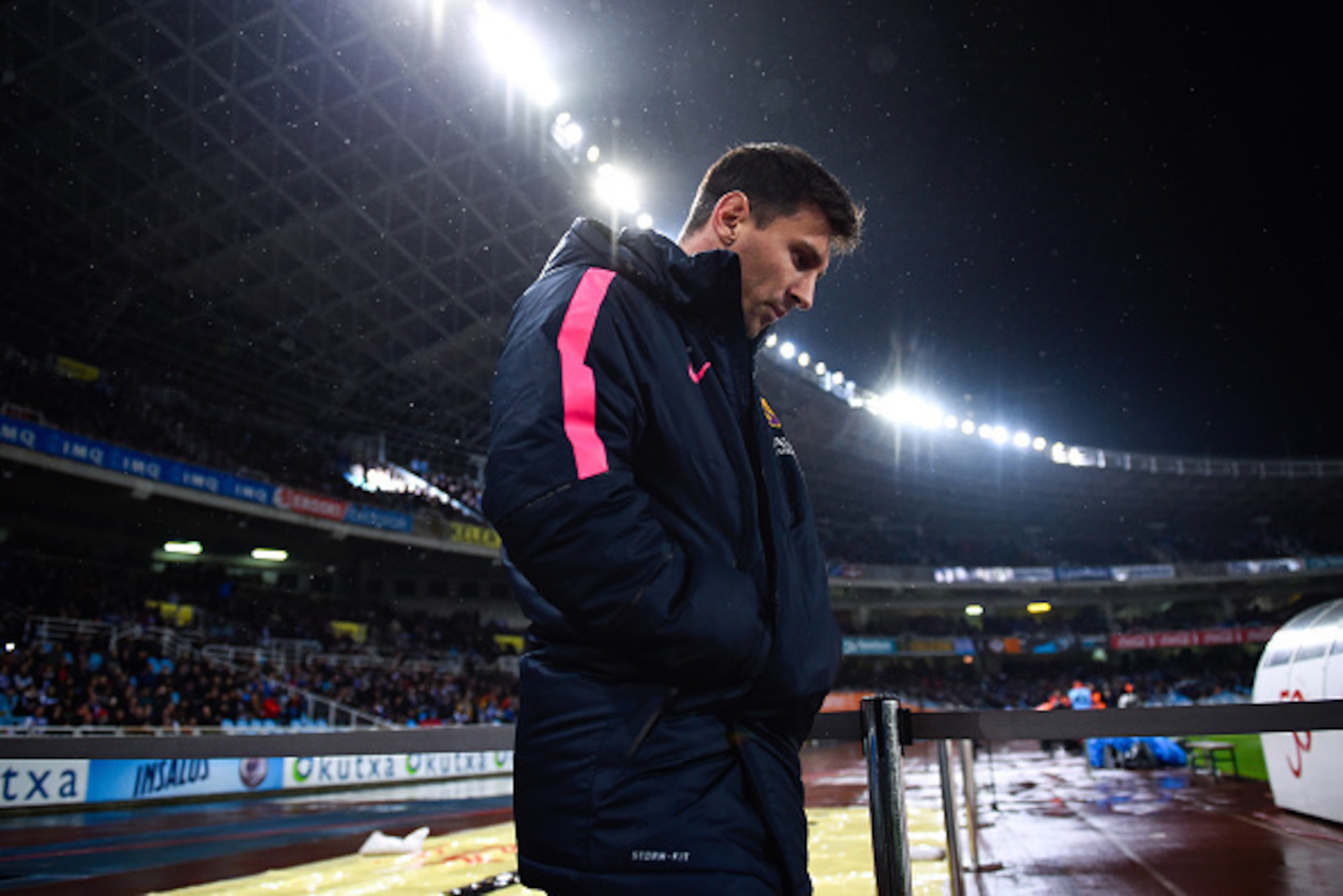 SAN SEBASTIAN, SPAIN - JANUARY 04: Lionel Messi of FC Barcelona looks on prior to the La Liga match between Real Sociedad de Futbol and FC Barcelona at Estadio Anoeta on January 4, 2015 in San Sebastian, Spain. (Photo by David Ramos/Getty Images) SAN SEBASTIAN, SPAIN - JANUARY 04: Lionel Messi of FC Barcelona looks on prior to the La Liga match between Real Sociedad de Futbol and FC Barcelona at Estadio Anoeta on January 4, 2015 in San Sebastian, Spain. (Photo by David Ramos/Getty Images)