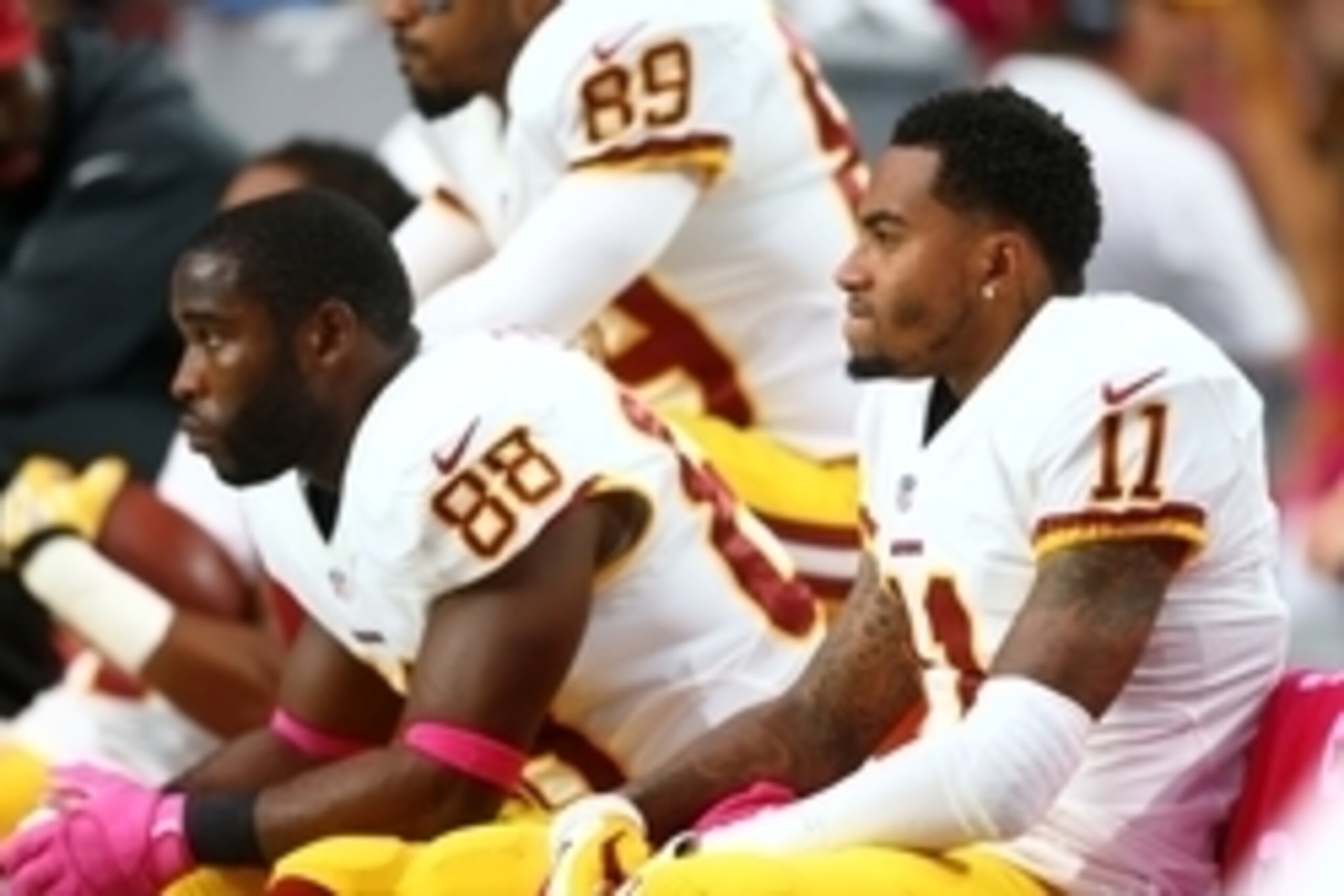 Oct 12, 2014; Glendale, AZ, USA; Washington Redskins wide receiver DeSean Jackson (11) and wide receiver Pierre Garcon (88) on the bench against the Arizona Cardinals at University of Phoenix Stadium. The Cardinals defeated the Redskins 30-20. Mandatory C Oct 12, 2014; Glendale, AZ, USA; Washington Redskins wide receiver DeSean Jackson (11) and wide receiver Pierre Garcon (88) on the bench against the Arizona Cardinals at University of Phoenix Stadium. The Cardinals defeated the Redskins 30-20. Mandatory C