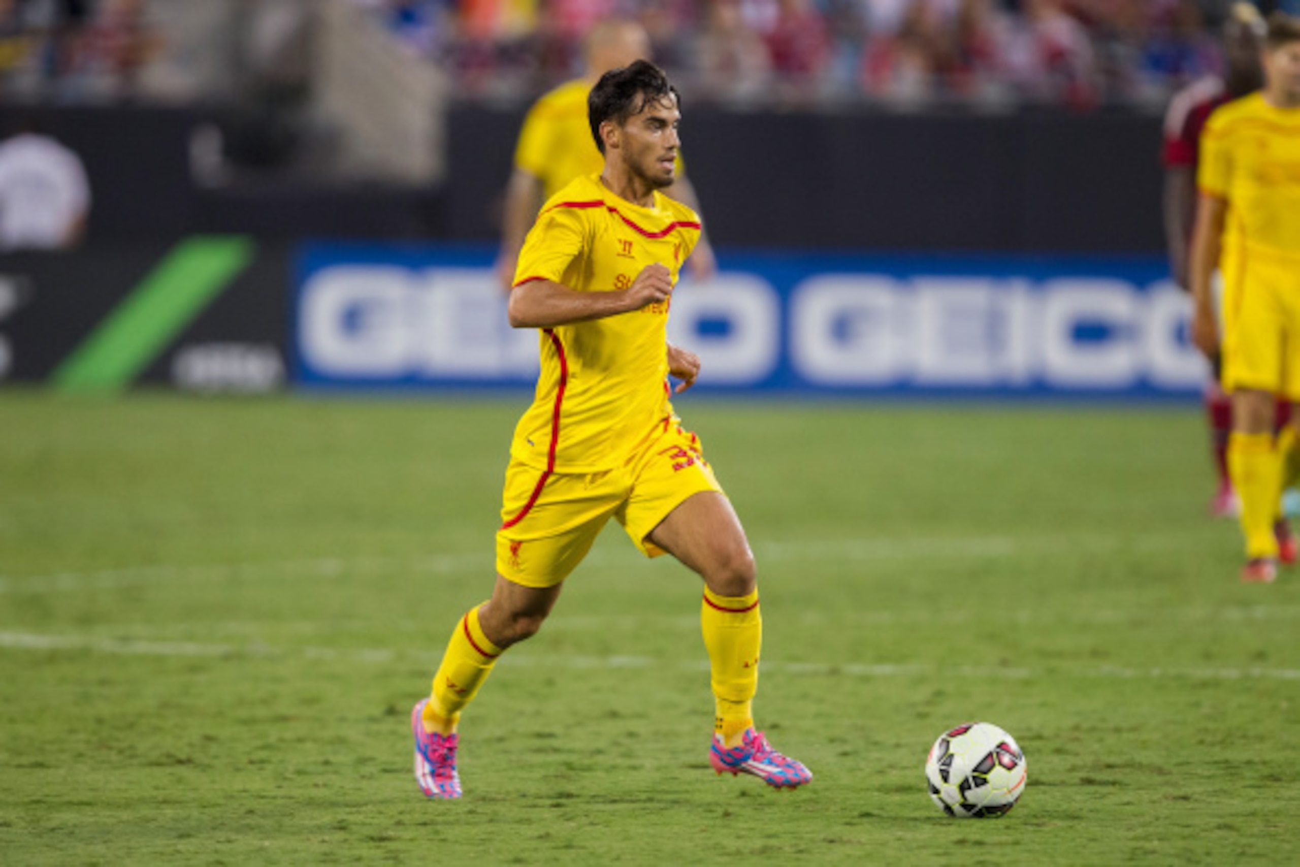 CHARLOTTE, NC - AUGUST 02: Suso #30 of Liverpool brings the ball up the field against A.C. Milan in the Guinness International Champions Cup at Bank of America Stadium on August 2, 2014 in Charlotte, North Carolina.  Liverpool defeated A.C. Milan 2-0.  (P