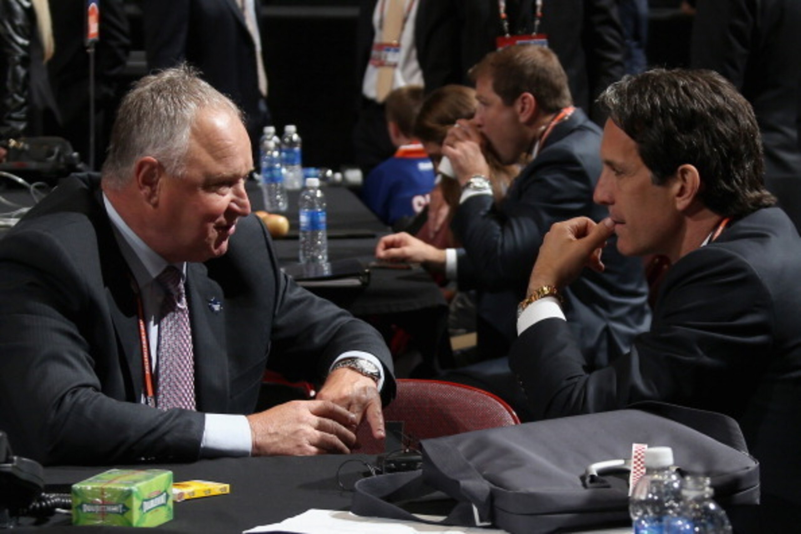 PHILADELPHIA, PA - JUNE 27: Head Coach Randy Carlyle and Brendan Shanahan, President of the Toronto Maple Leafs speak prior to the first round of the 2014 NHL Draft at the Wells Fargo Center on June 27, 2014 in Philadelphia, Pennsylvania.  (Photo by Bruce