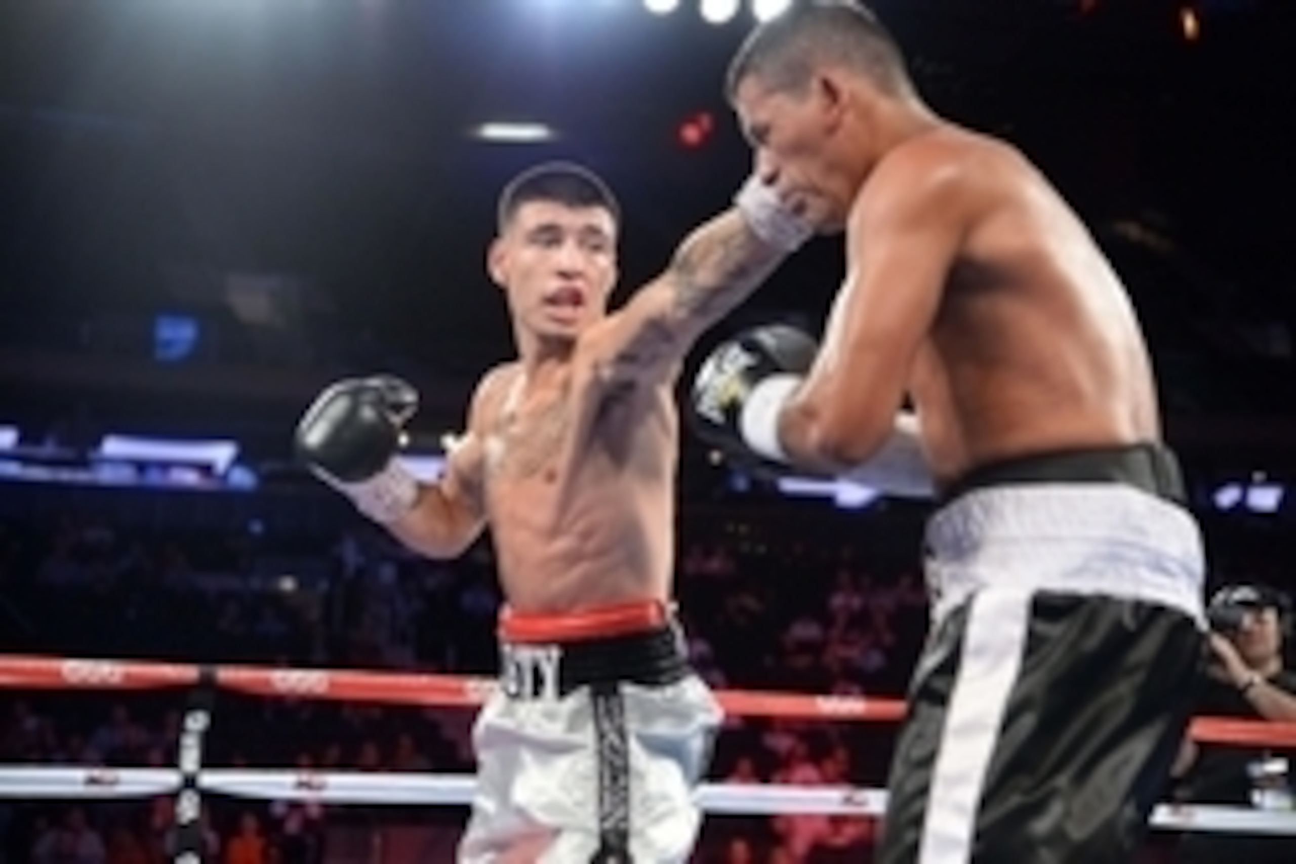 Jul 26, 2014; New York, NY, USA; Dusty Hernadez-Harrison (silver trunks) and Wilfredo Acuna (black trunks) box during their WBC Youth welterweight title bout at Madison Square Garden. Harrison won via unanimous decision. Mandatory Credit: Joe Camporeale-U Jul 26, 2014; New York, NY, USA; Dusty Hernadez-Harrison (silver trunks) and Wilfredo Acuna (black trunks) box during their WBC Youth welterweight title bout at Madison Square Garden. Harrison won via unanimous decision. Mandatory Credit: Joe Camporeale-U