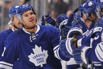 TORONTO, ON - NOVEMBER 20: David Clarkson #71 of the Toronto Maple Leafs celebrates a first-period goal with teammates during NHL game action against the Tampa Bay Lightning November 20, 2014 at the Air Canada Centre in Toronto, Ontario, Canada. (Photo b TORONTO, ON - NOVEMBER 20: David Clarkson #71 of the Toronto Maple Leafs celebrates a first-period goal with teammates during NHL game action against the Tampa Bay Lightning November 20, 2014 at the Air Canada Centre in Toronto, Ontario, Canada. (Photo b