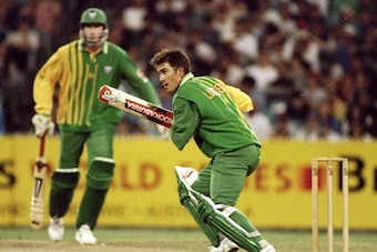 13 Dec 1994:  Justin Langer of Australia ''A'' in action against England in the Benson and Hedges World Series match at the Melbourne Cricket Ground in Australia.  \ Mandatory Credit: Ben Radford /Allsport