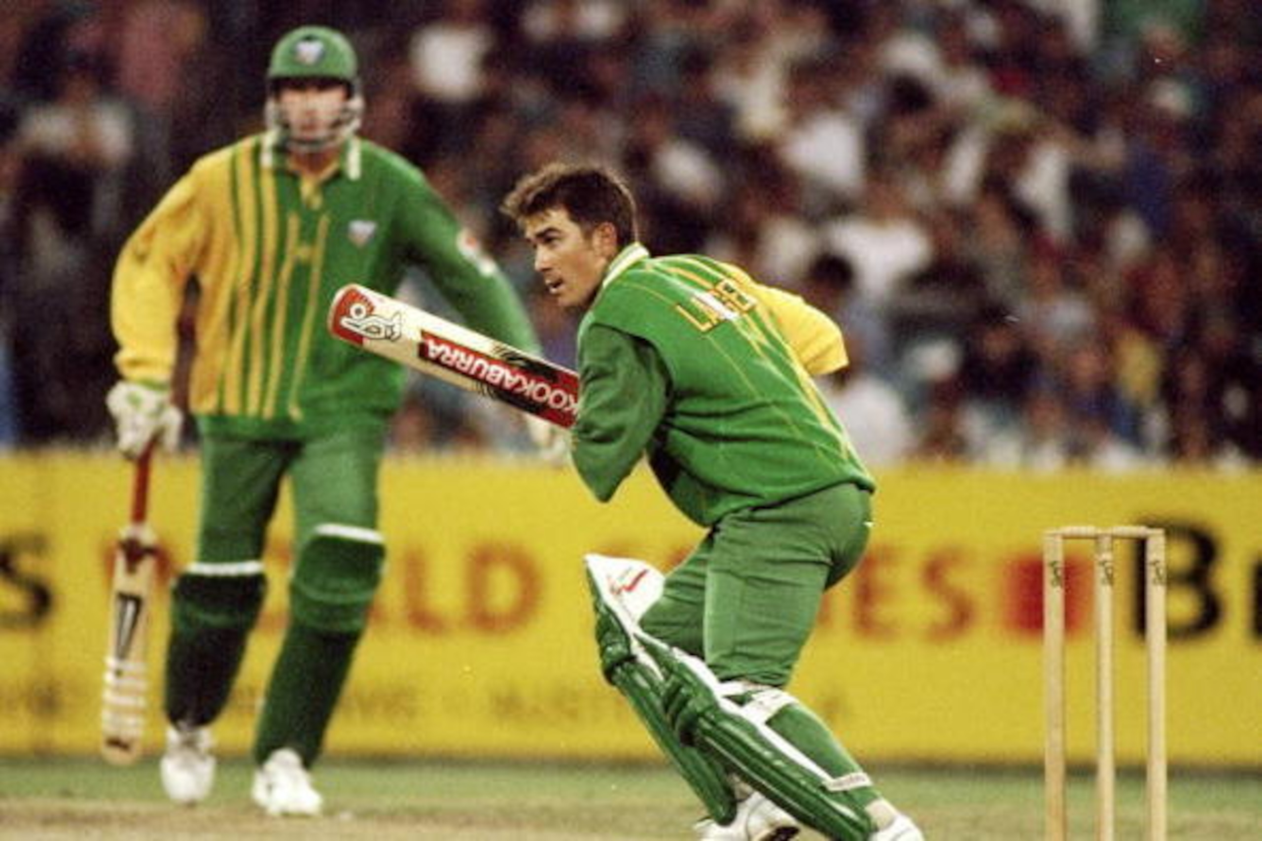 13 Dec 1994:  Justin Langer of Australia ''A'' in action against England in the Benson and Hedges World Series match at the Melbourne Cricket Ground in Australia.  \ Mandatory Credit: Ben Radford /Allsport