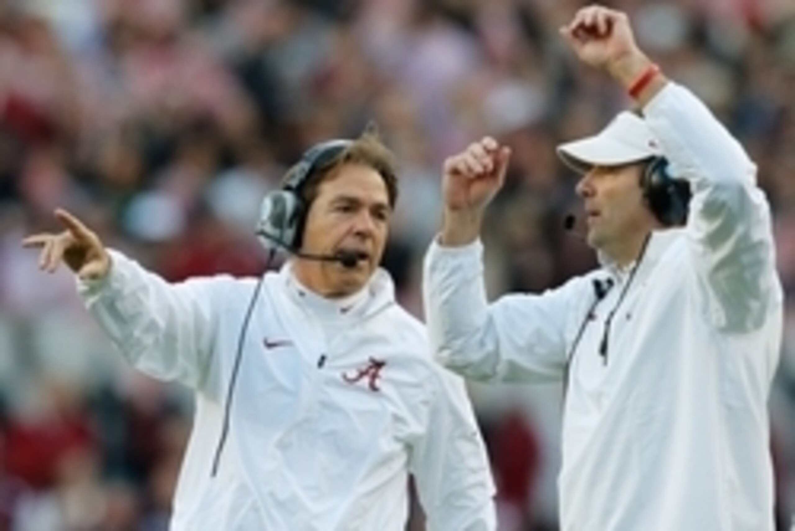 Nov 15, 2014; Tuscaloosa, AL, USA; Alabama Crimson Tide head coach Nick Saban along with defensive coordinator Kirby Smart at Bryant-Denny Stadium. Mandatory Credit: Marvin Gentry-USA TODAY Sports