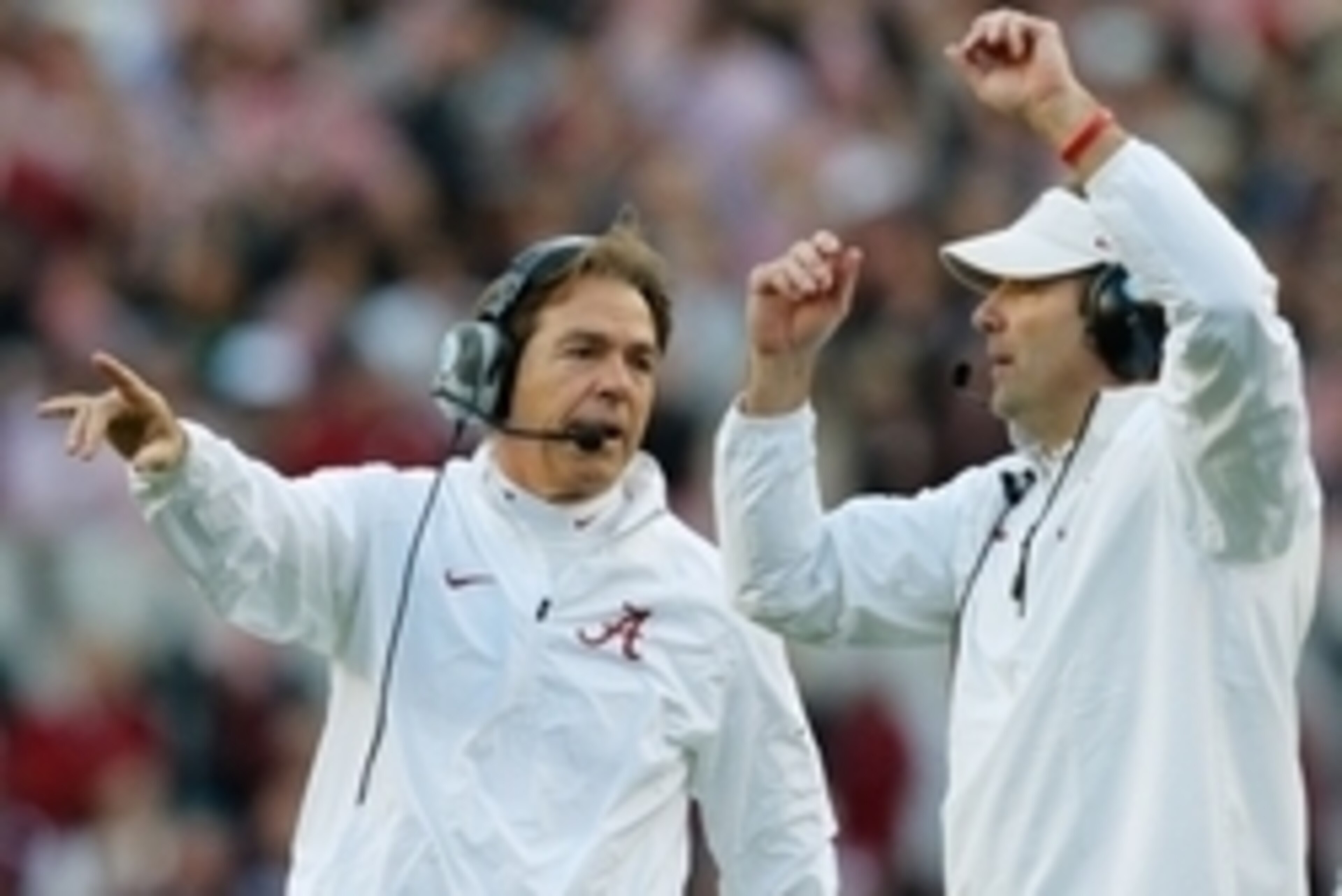 Nov 15, 2014; Tuscaloosa, AL, USA; Alabama Crimson Tide head coach Nick Saban along with defensive coordinator Kirby Smart at Bryant-Denny Stadium. Mandatory Credit: Marvin Gentry-USA TODAY Sports