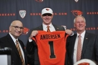 Nov 15, 2014; Corvallis, OR, USA; Oregon State Beavers new football coach Gary Andersen (center) poses for a photo with athletic director Bob De Carolis (left) and president Edward Ray during a press conference at Reser Stadium. Mandatory Credit: Susan Ra