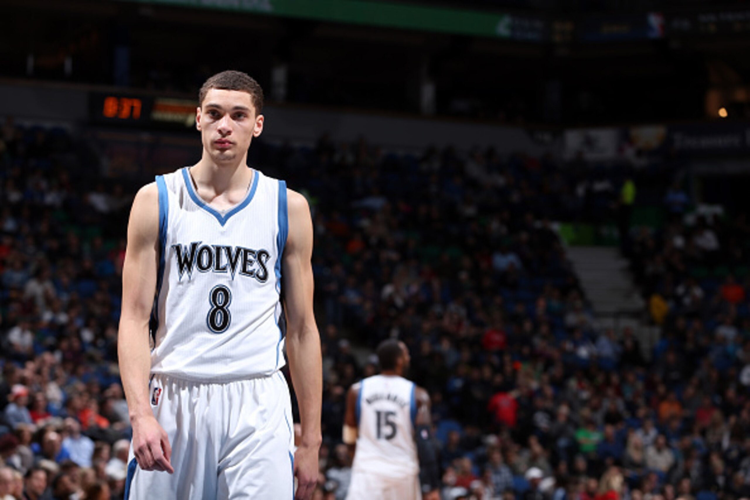 MINNEAPOLIS, MN - JANUARY 1: Zach LaVine #8 of the Minnesota Timberwolves stands on the court during a game against the Sacramento Kings on January 1, 2015 at Target Center in Minneapolis, Minnesota. NOTE TO USER: User expressly acknowledges and agrees th