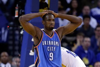 OAKLAND, CA - JANUARY 05:  Serge Ibaka #9 of the Oklahoma City Thunder reacts after he was called for an offensive foul against the Golden State Warriors at ORACLE Arena on January 5, 2015 in Oakland, California.  NOTE TO USER: User expressly acknowledges