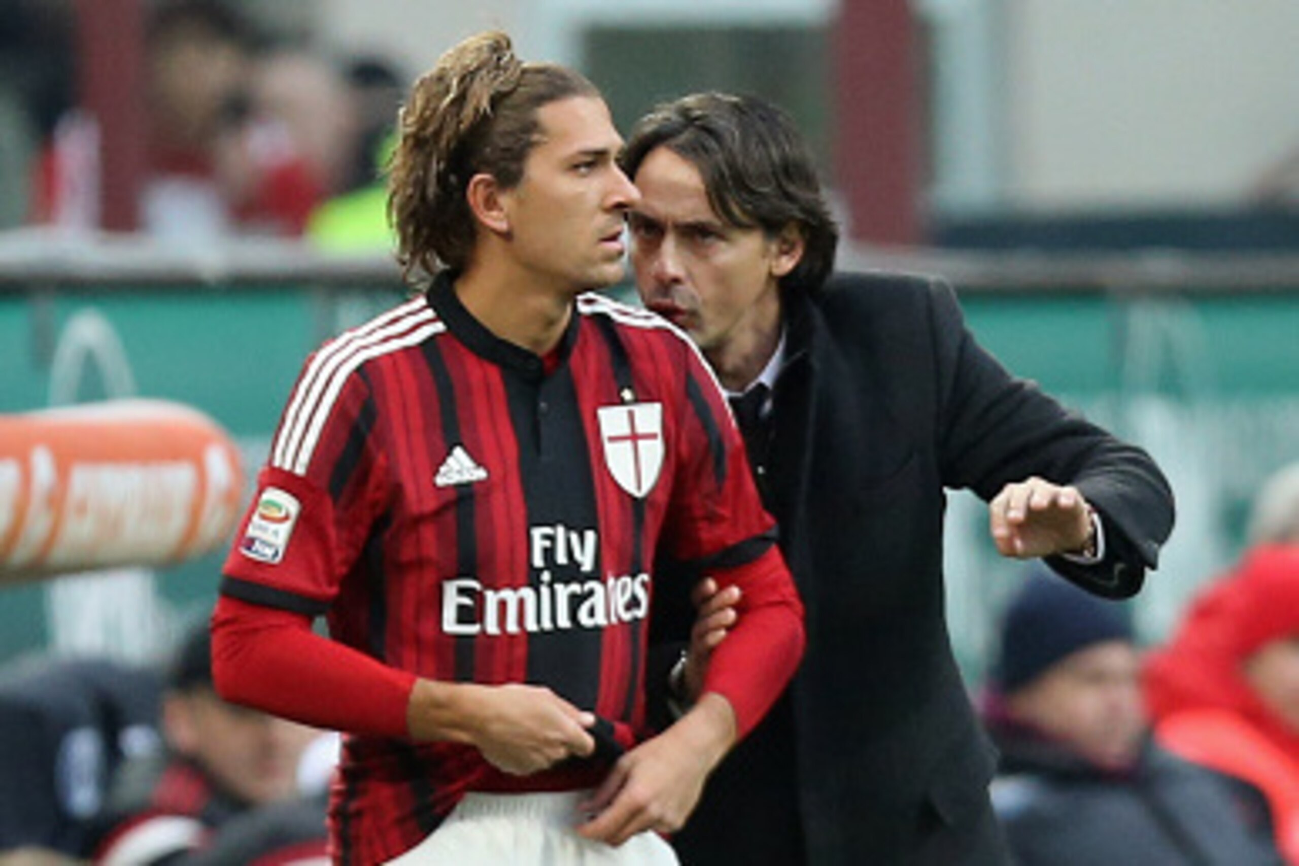 MILAN, ITALY - JANUARY 06:  Filippo Inzaghi (R) and Alessio Cerci of Milan during the Serie A match between AC Milan and US Sassuolo Calcio at Stadio Giuseppe Meazza on January 6, 2015 in Milan, Italy.  (Photo by Maurizio Lagana/Getty Images)