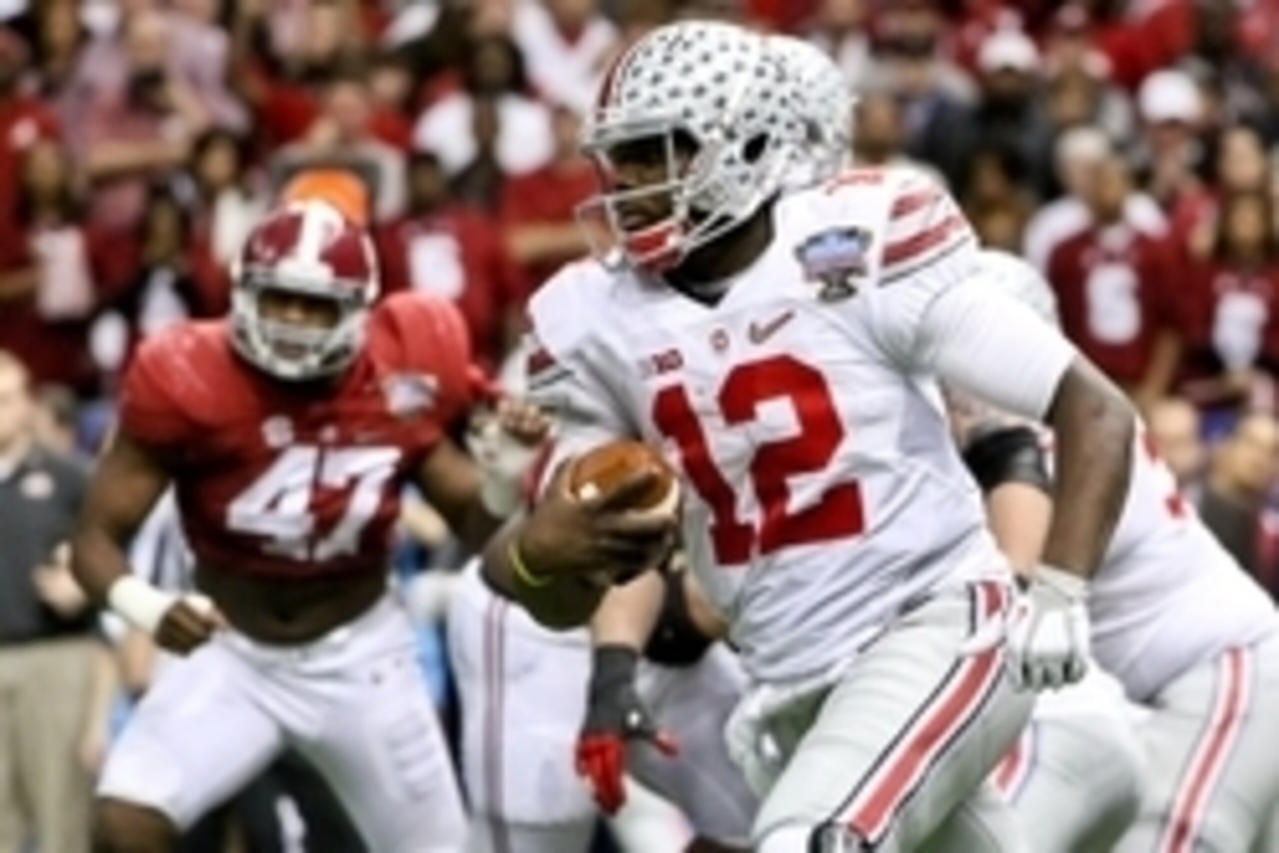 Jan 1, 2015; New Orleans, LA, USA; Ohio State Buckeyes quarterback Cardale Jones (12) against the Alabama Crimson Tide during the fourth quarter in the 2015 Sugar Bowl at Mercedes-Benz Superdome. Mandatory Credit: Derick E. Hingle-USA TODAY Sports