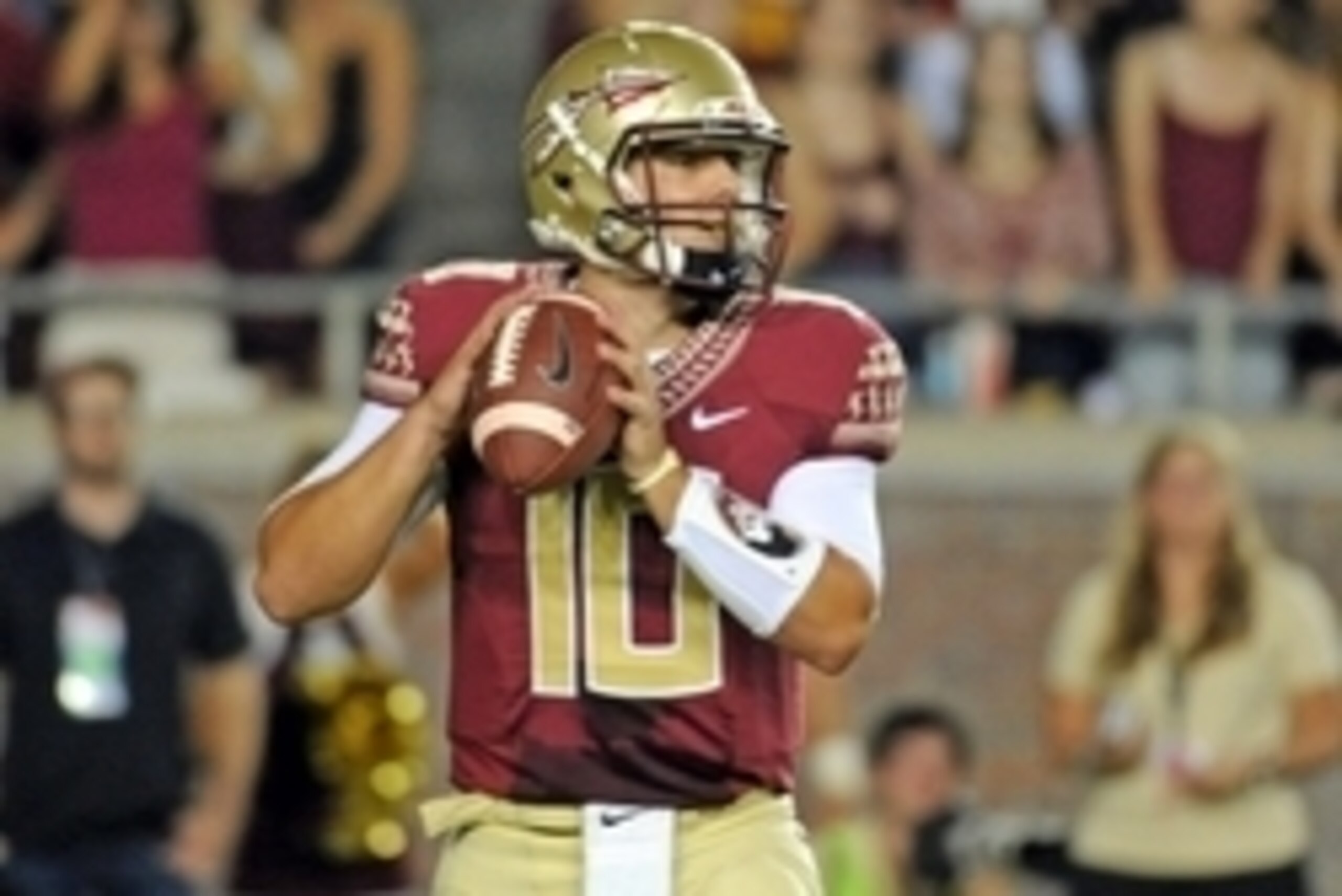 Sep 20, 2014; Tallahassee, FL, USA; Florida State Seminoles quarterback Sean Maguire (10) looks to throw the ball during the game against the Clemson Tigers at Doak Campbell Stadium. Mandatory Credit: Melina Vastola-USA TODAY Sports