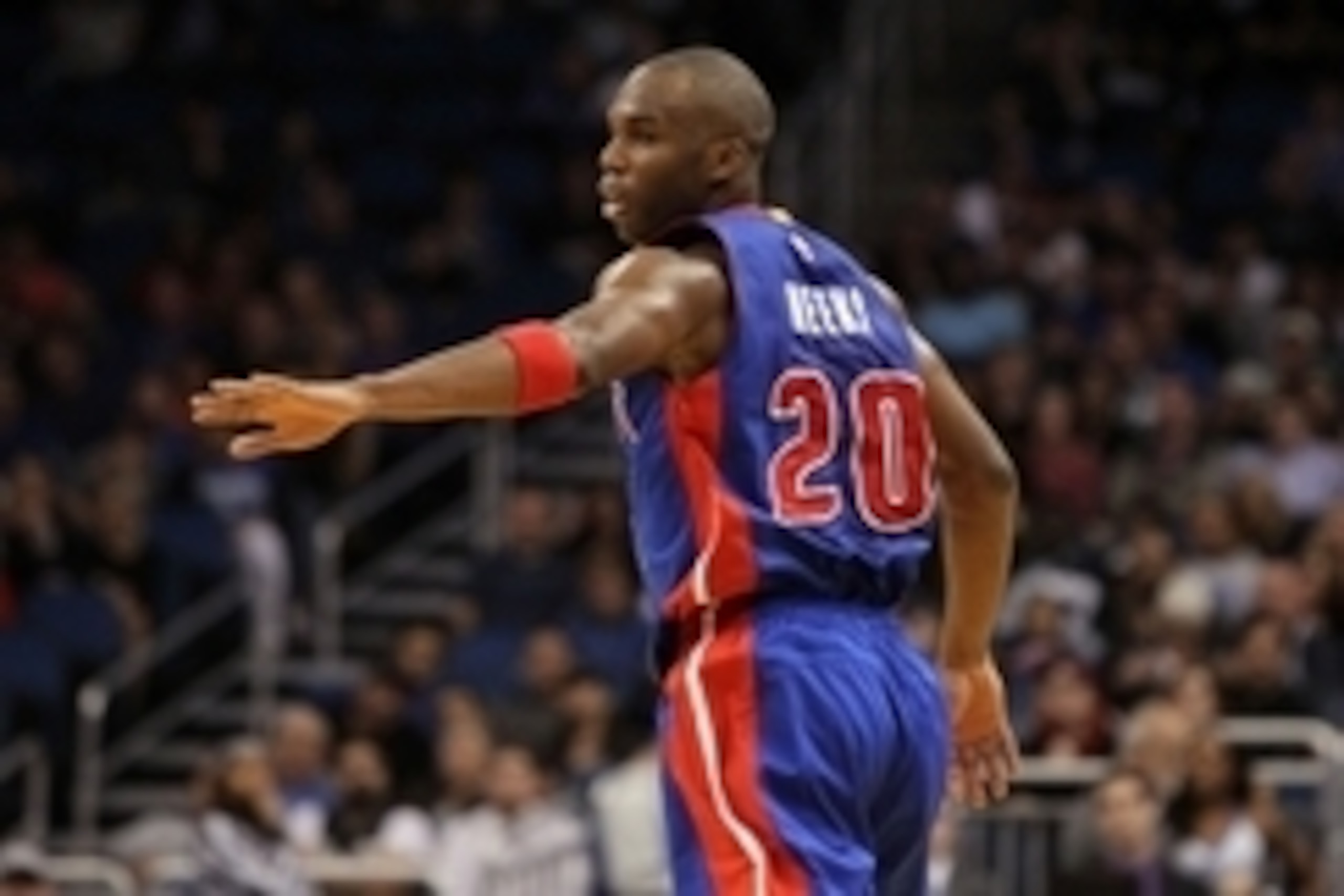 Dec 30, 2014; Orlando, FL, USA; Detroit Pistons guard Jodie Meeks (20) looks back to high five a teammate after making a three pointer against the Orlando Magic during the second quarter at Amway Center. Mandatory Credit: Kim Klement-USA TODAY Sports
