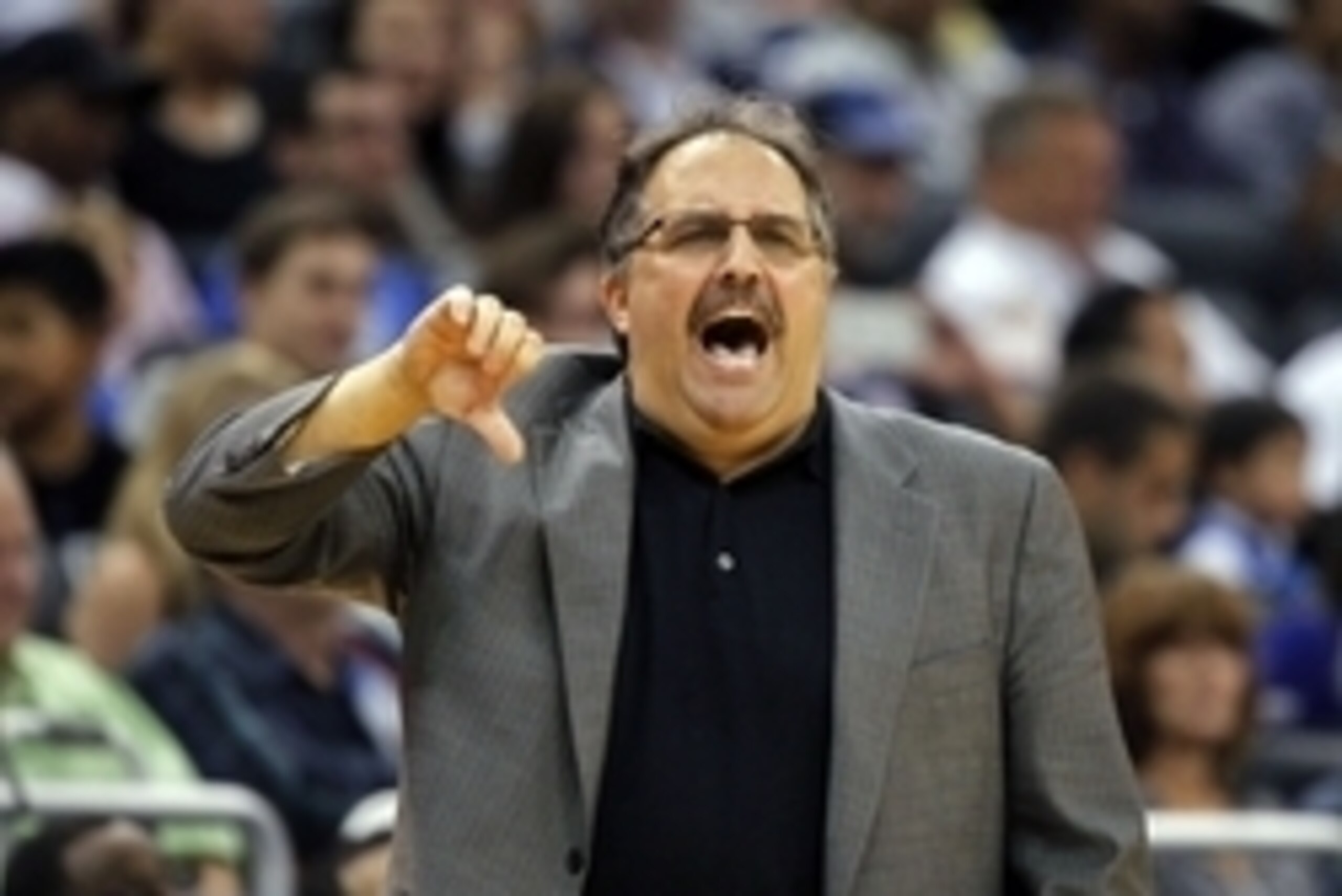 Dec 30, 2014; Orlando, FL, USA; Detroit Pistons head coach Stan Van Gundy reacts against the Orlando Magic during the second quarter at Amway Center. Mandatory Credit: Kim Klement-USA TODAY Sports