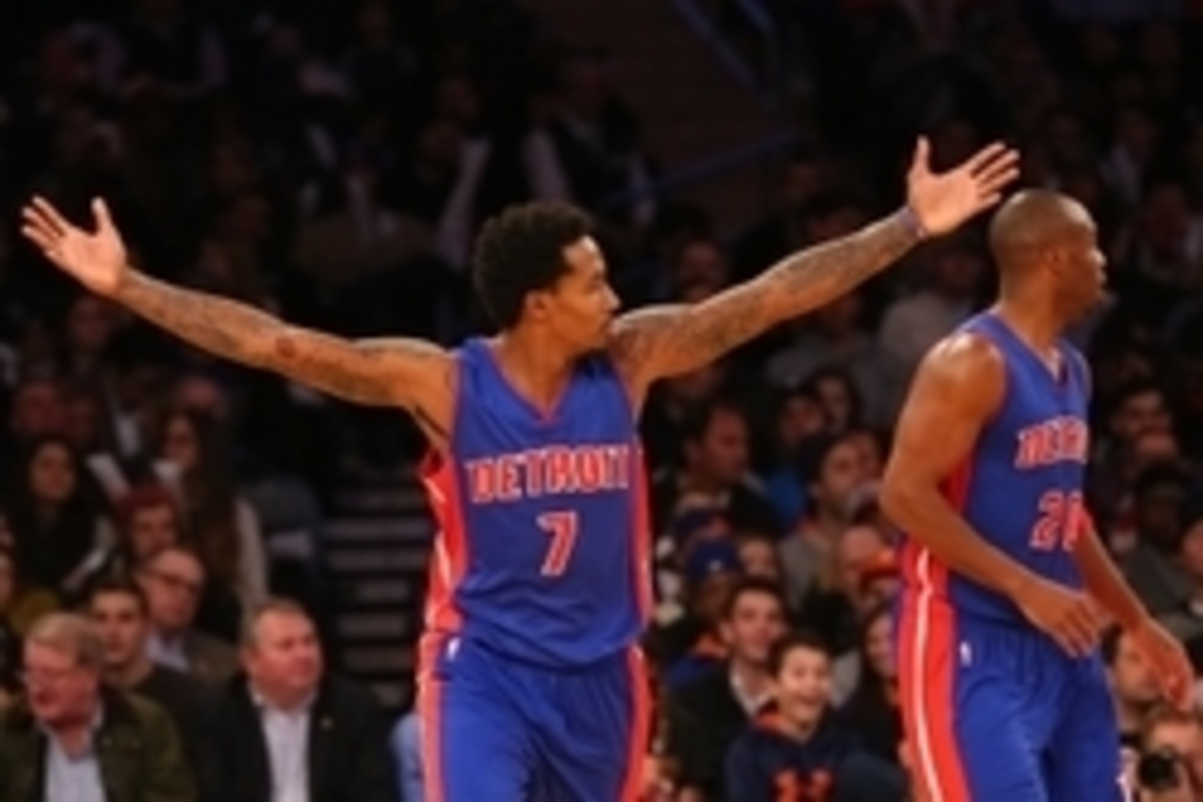 Jan 2, 2015; New York, NY, USA;  Detroit Pistons guard Brandon Jennings (7) gestures after a basket during the third quarter against the New York Knicks at Madison Square Garden. Detroit Pistons won 97-81. Mandatory Credit: Anthony Gruppuso-USA TODAY Spor