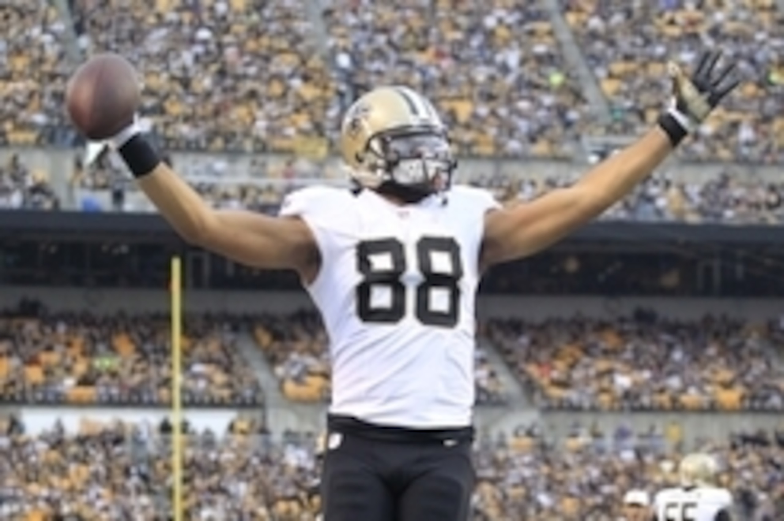 Nov 30, 2014; Pittsburgh, PA, USA; New Orleans Saints wide receiver Nick Toon (88) reacts after scoring an eleven yard touchdown against the Pittsburgh Steelers during the third quarter at Heinz Field. The Saints won 35-32. Mandatory Credit: Charles LeCla