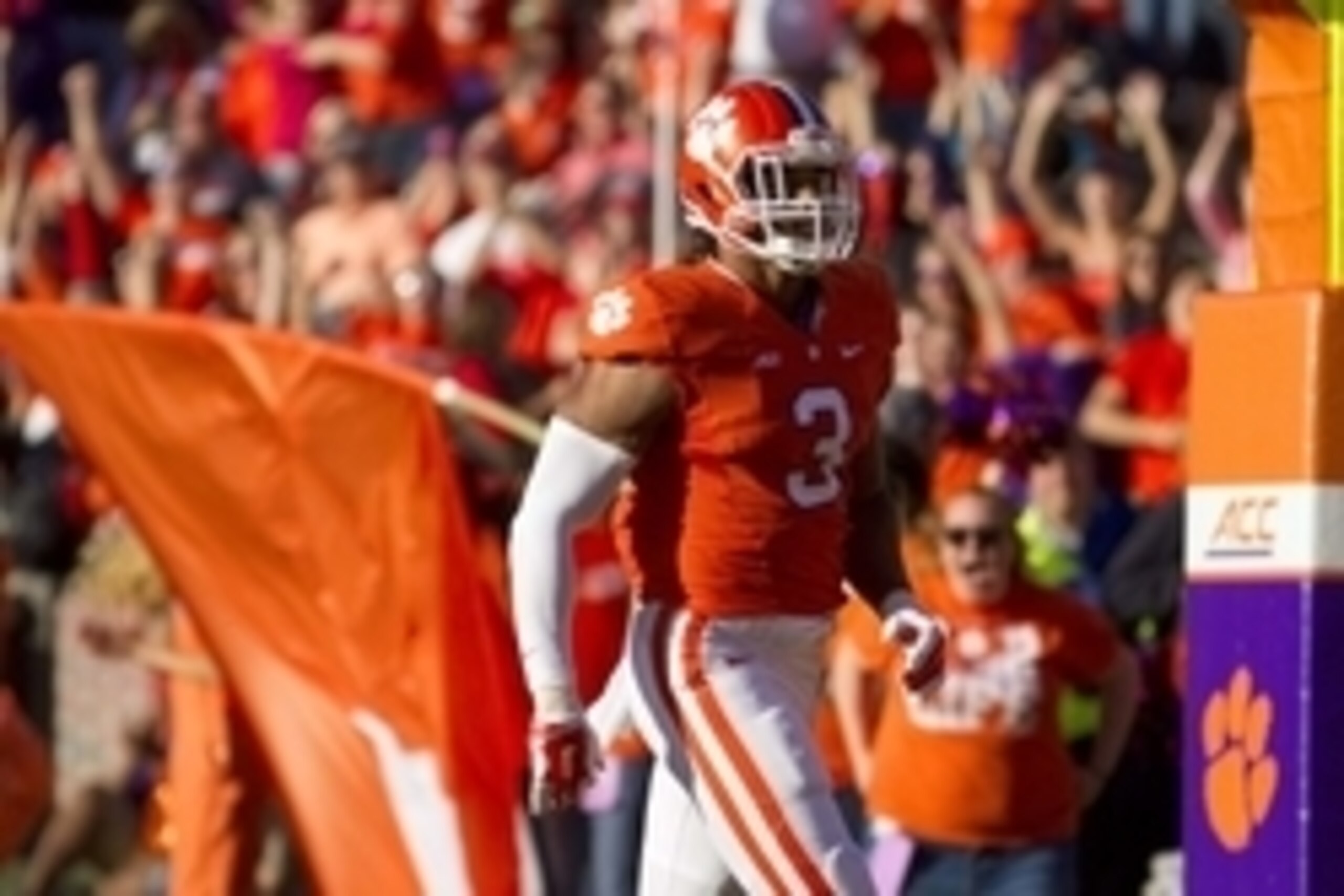 Oct 4, 2014; Clemson, SC, USA; Clemson Tigers defensive end Vic Beasley (3) recovers a fumble and scores a touchdown during the third quarter against the North Carolina State Wolfpack at Clemson Memorial Stadium. Mandatory Credit: Joshua S. Kelly-USA TODA