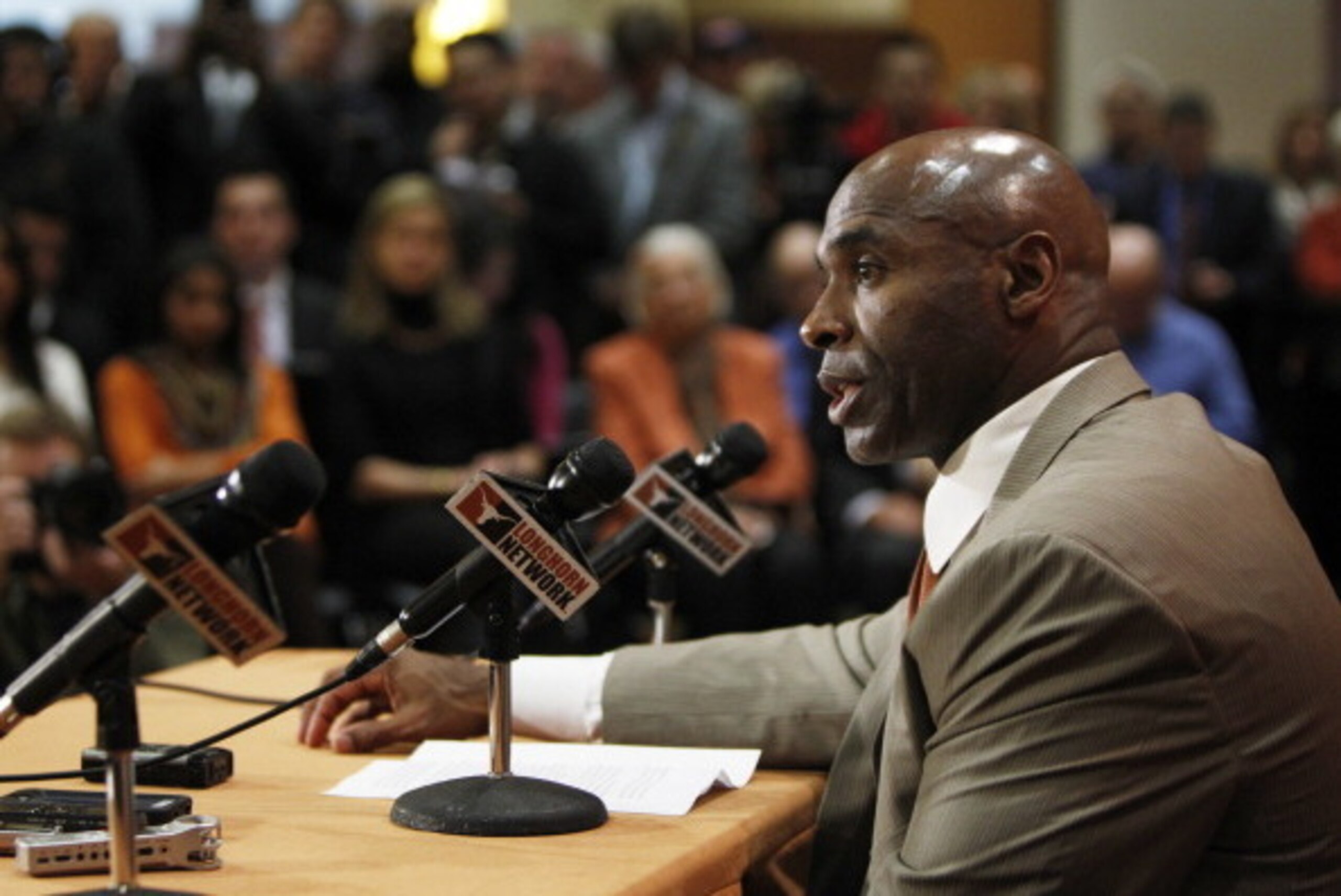 AUSTIN, TX - JANUARY 6: The University of Texas Longhorns new head football coach Charlie Strong from Louisvillespeaks after being introduced during a press conference January 6, 2014 at Darrell K. Royal-Texas Memorial Stadium in Austin, Texas.  (Photo by