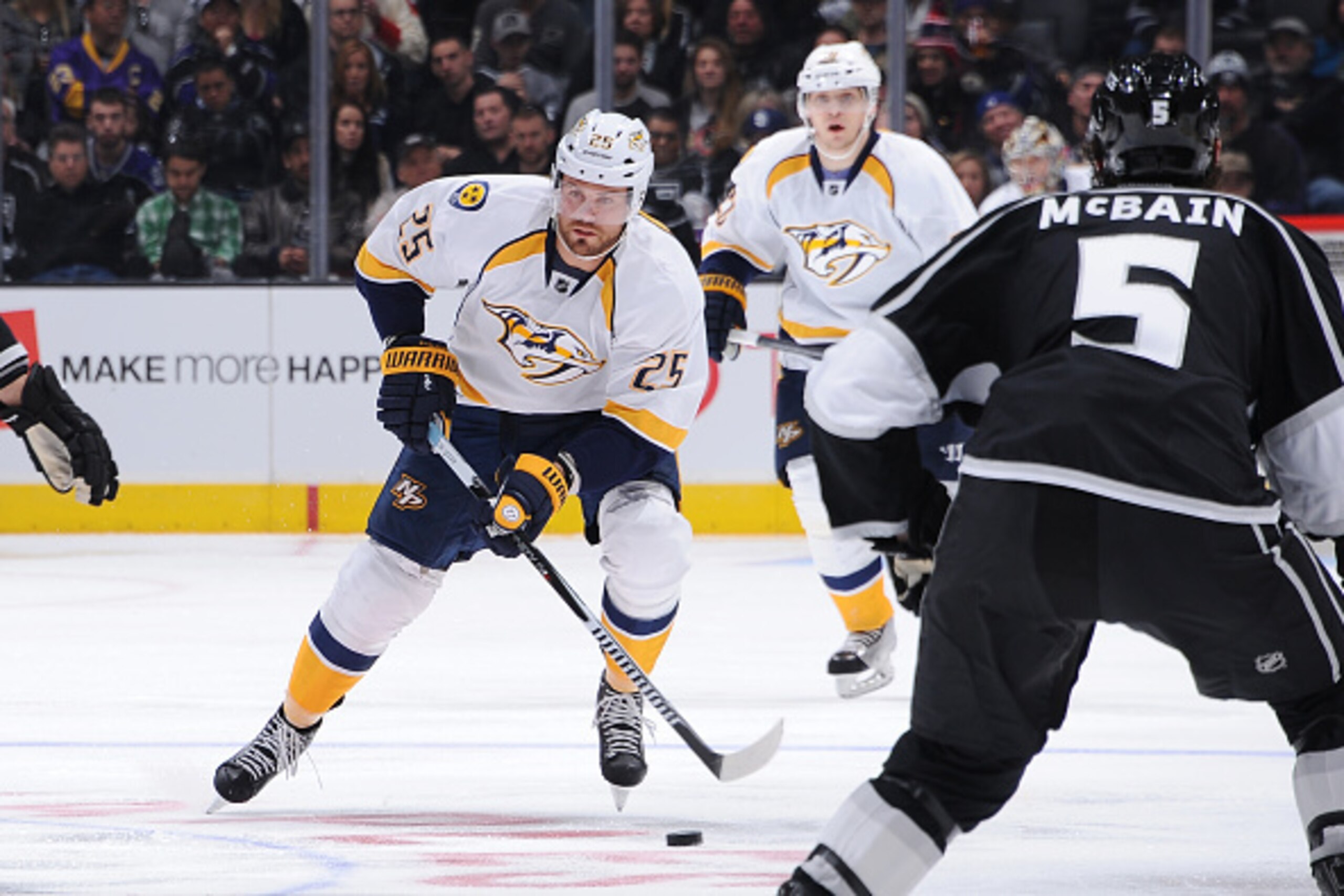 LOS ANGELES, CA - JANUARY 03: Viktor Stalberg #25 of the Nashville Predators handles the puck against Jamie McBain #5 of the Los Angeles Kings  at STAPLES Center on January 03, 2015 in Los Angeles, California. (Photo by Juan Ocampo/NHLI via Getty Images)