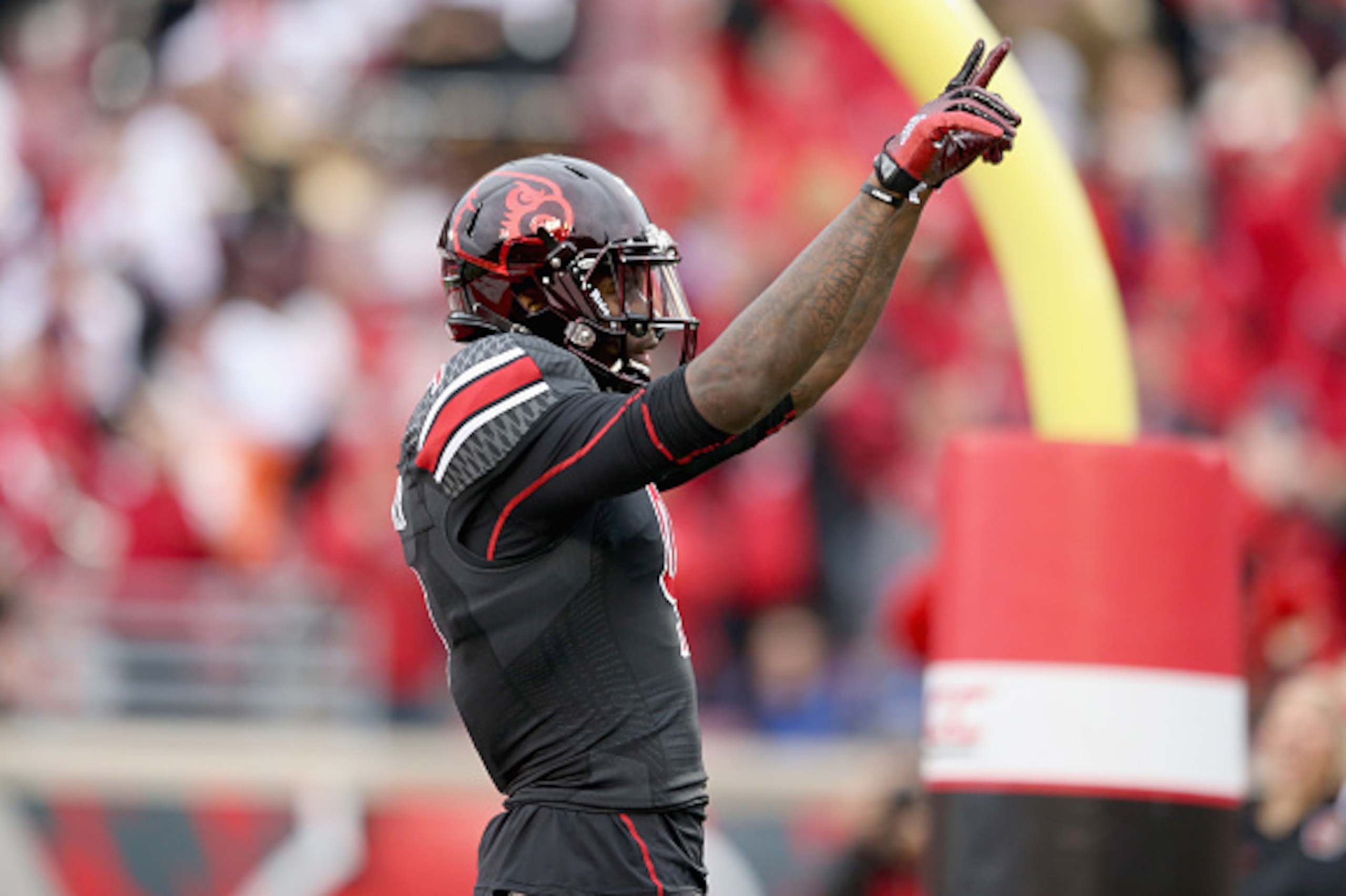 LOUISVILLE, KY - NOVEMBER 29:  DeVante Parker #9 of the Louisville Cardinals celebrates after a touchdown during the game against the Kentucky Wildcats at Papa John's Cardinal Stadium on November 29, 2014 in Louisville, Kentucky.  (Photo by Andy Lyons/Get