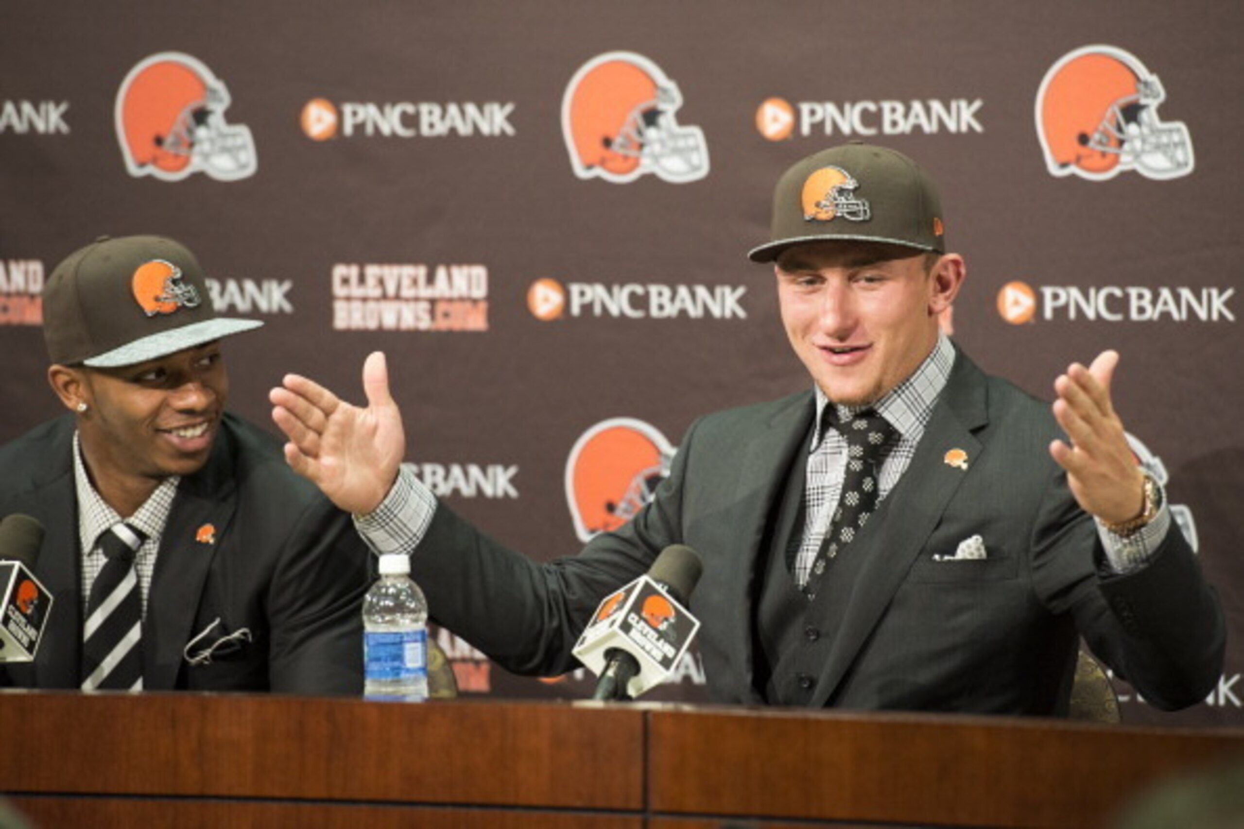 BEREA, OH - MAY 9: Cleveland Browns draft picks Justin Gilbert (L) and Johnny Manziel (R) answer questions during a press conference at the Browns training facility on May 9, 2014 in Cleveland, Ohio. Gilbert and Manziel were selected 8th and 22nd, respect