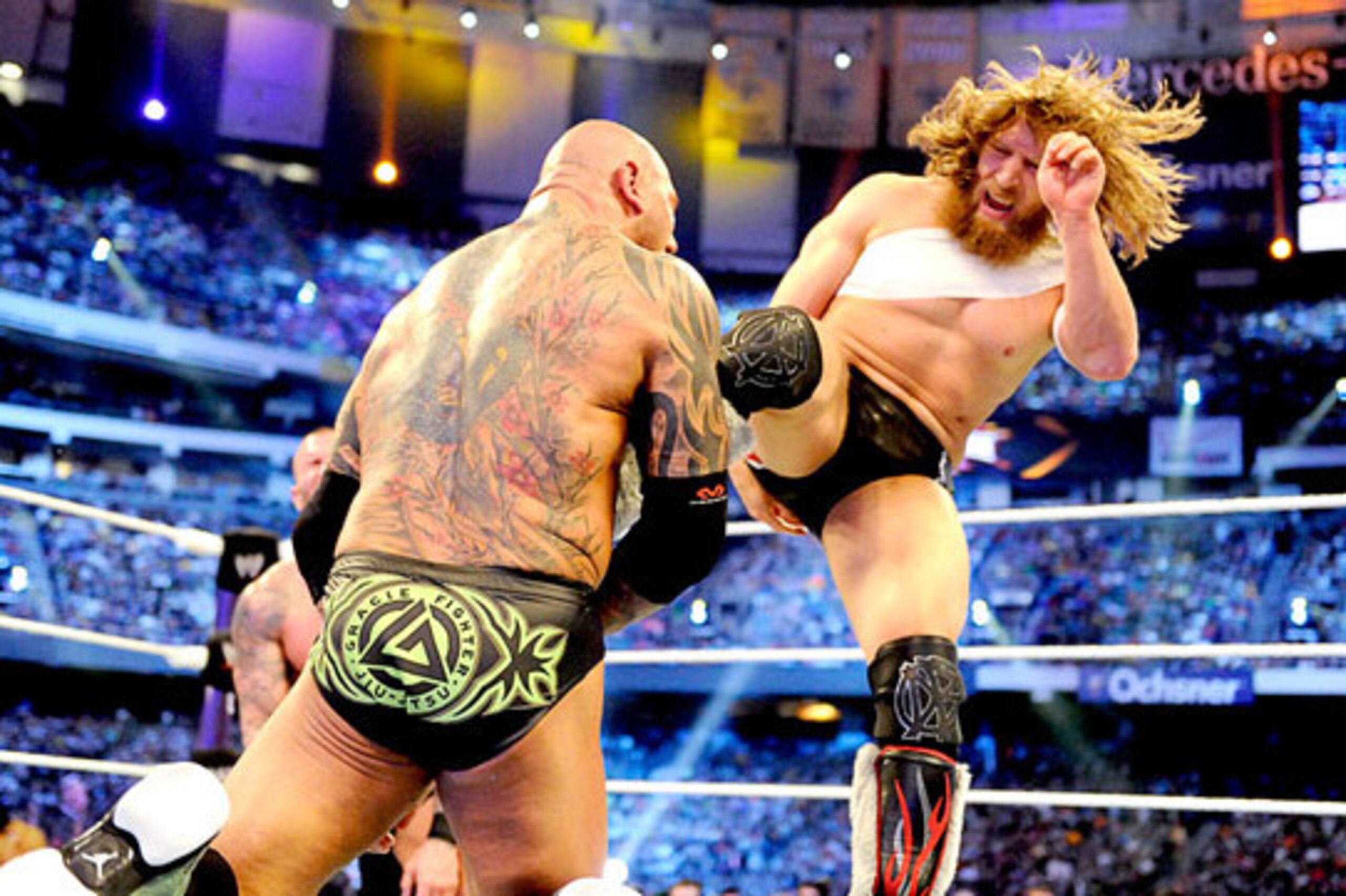 Daniel Bryan on the attack against Batista at WrestleMania 30. Daniel Bryan on the attack against Batista at WrestleMania 30.