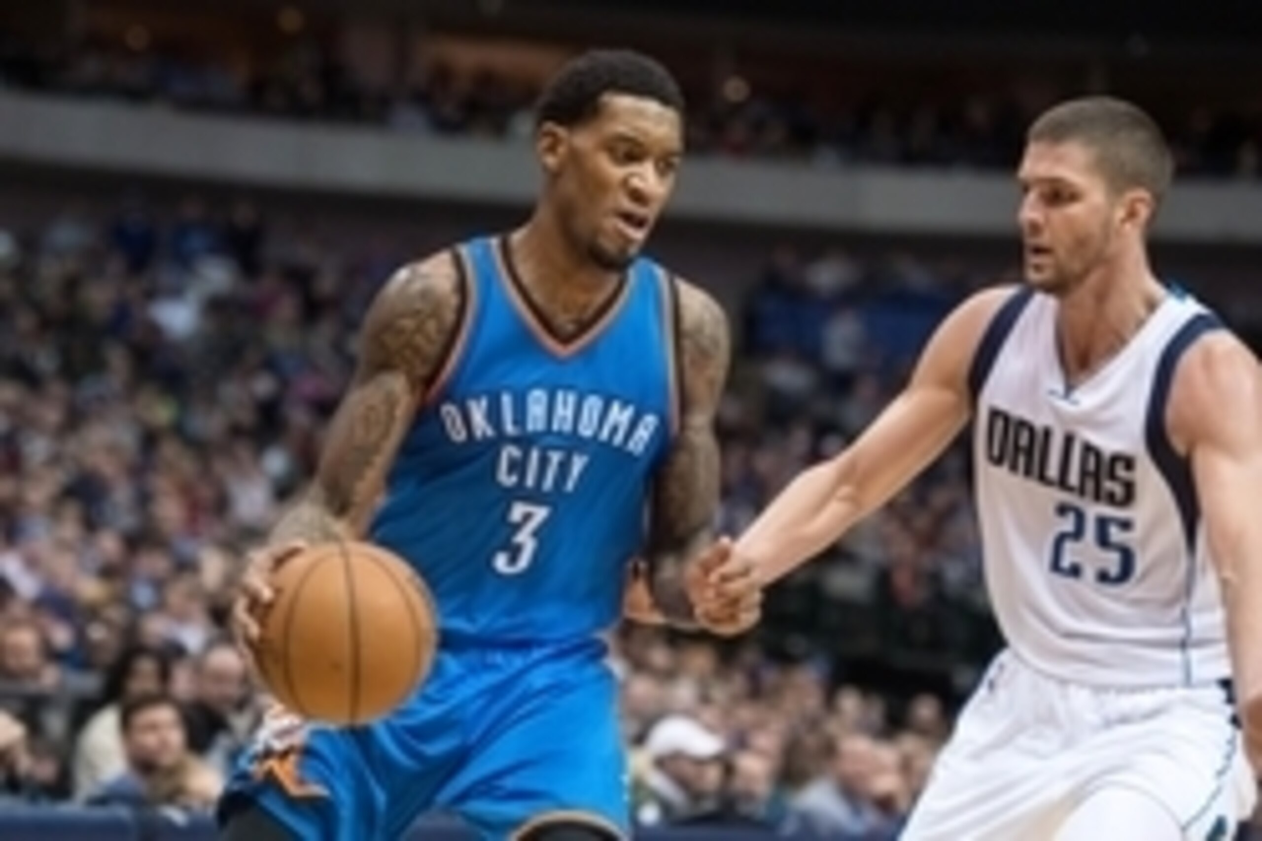 Dec 28, 2014; Dallas, TX, USA; Dallas Mavericks forward Chandler Parsons (25) guards Oklahoma City Thunder forward Perry Jones (3) during the second half at the American Airlines Center. The Mavericks defeated the Thunder 112-107. Mandatory Credit: Jerome