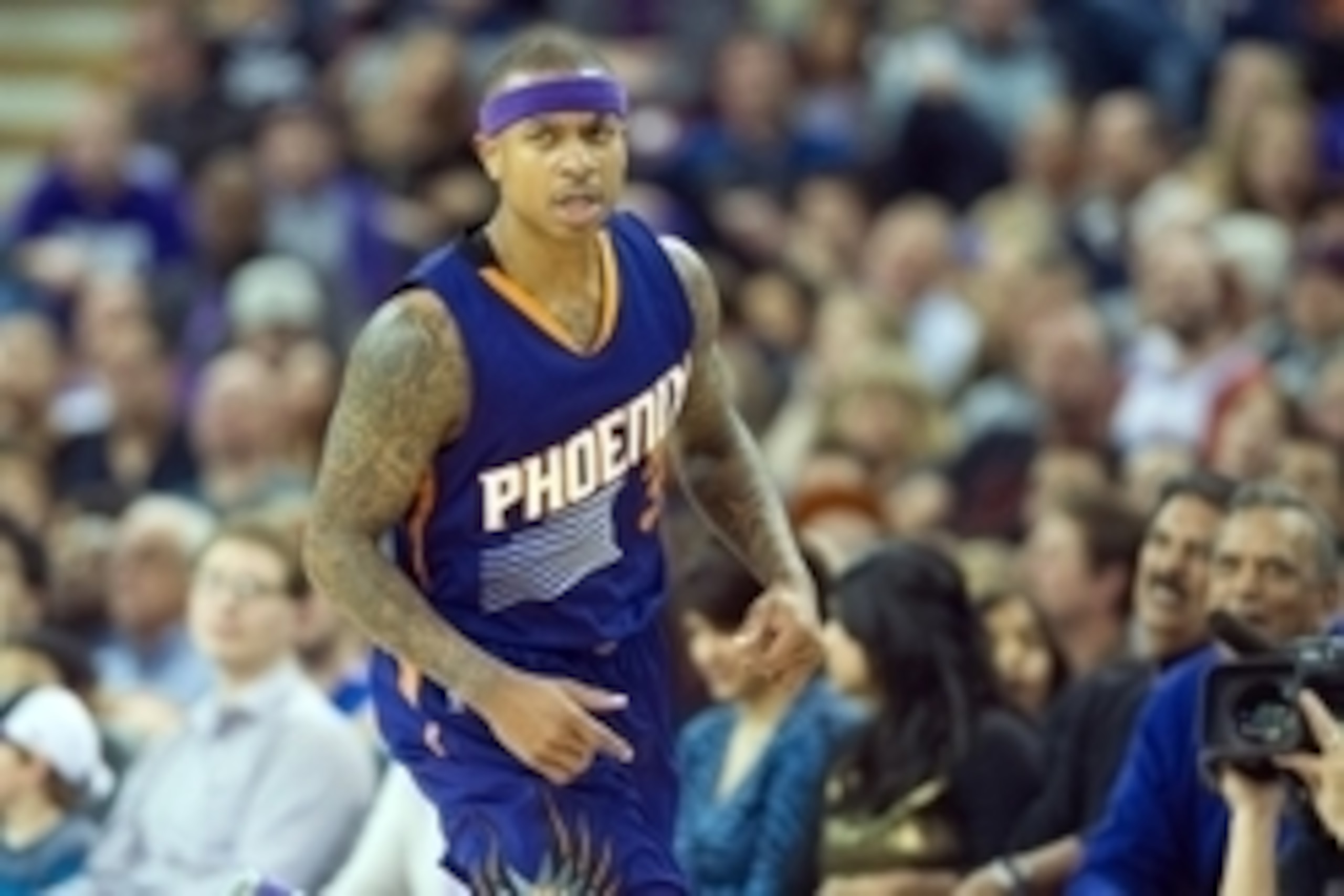 Dec 26, 2014; Sacramento, CA, USA; Phoenix Suns guard Isaiah Thomas (3) reacts after scoring a basket against the Sacramento Kings during the fourth quarter at Sleep Train Arena. The Phoenix Suns defeated the Sacramento Kings 115-106. Mandatory Credit: Ed
