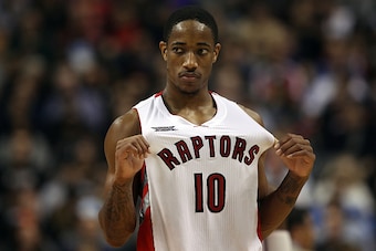 TORONTO, ON - NOVEMBER 4:  DeMar DeRozan #10 of the Toronto Raptors looks on as his team faces the Oklahoma City Thunder during their game at Air Canada Centre on November 4, 2014 in Toronto, Canada. NOTE TO USER: User expressly acknowledges and agrees th