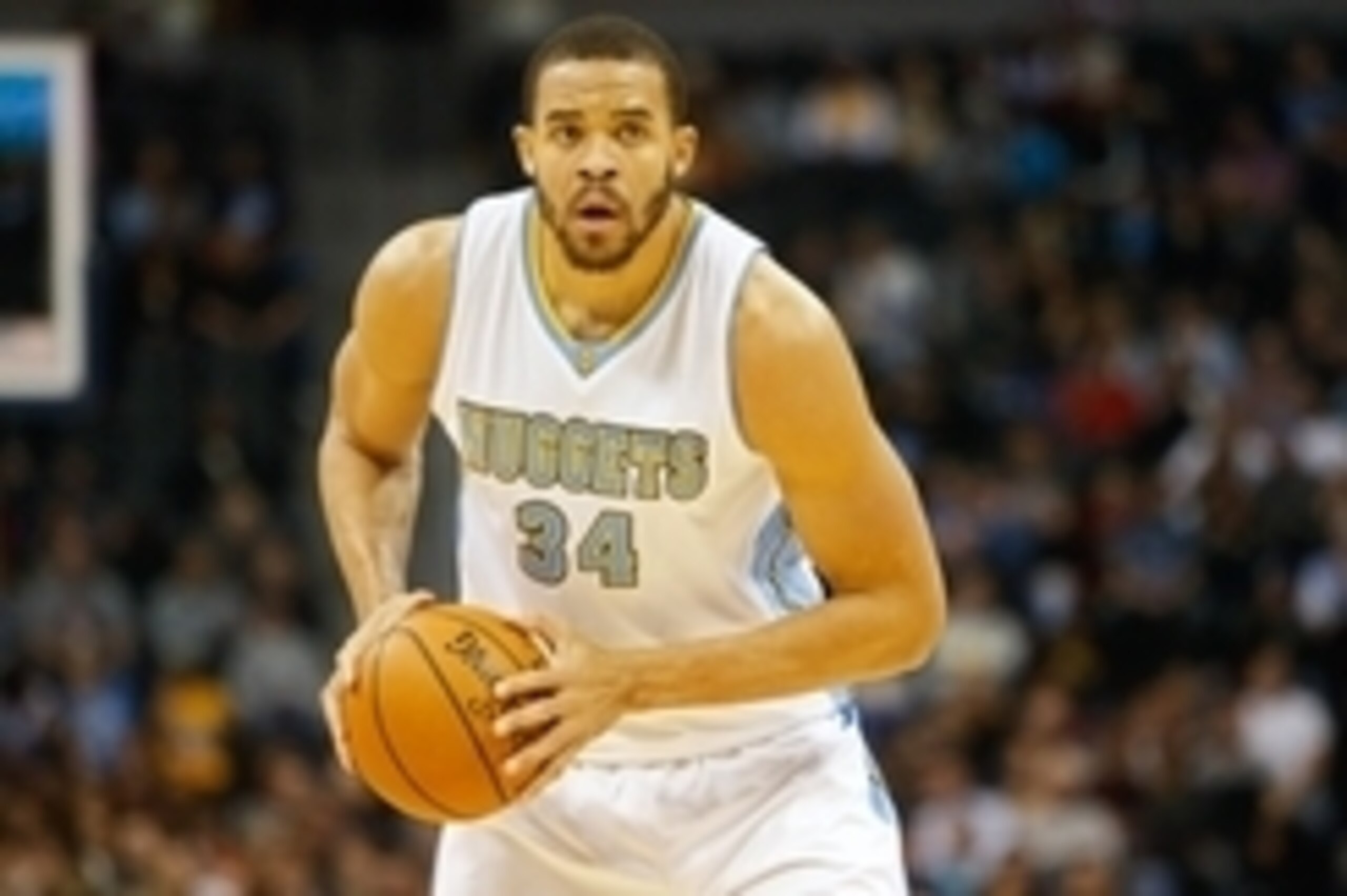 Nov 19, 2014; Denver, CO, USA; Denver Nuggets center JaVale McGee (34) during the game against the Oklahoma City Thunder at Pepsi Center. Mandatory Credit: Chris Humphreys-USA TODAY Sports