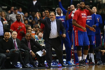 DALLAS, TX - JANUARY 07:  Stan Van Gundy of the Detroit Pistons during play against the Dallas Mavericks at American Airlines Center on January 7, 2015 in Dallas, Texas.   NOTE TO USER: User expressly acknowledges and agrees that, by downloading and or us