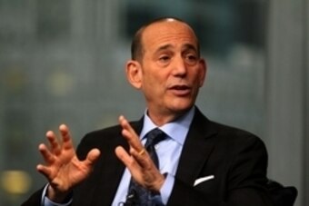Dec 2, 2014; New York, NY, USA; MLS Commissioner Don Garber during the MLS state of the league address at Univision Studios. Mandatory Credit: Noah K. Murray-USA TODAY Sports