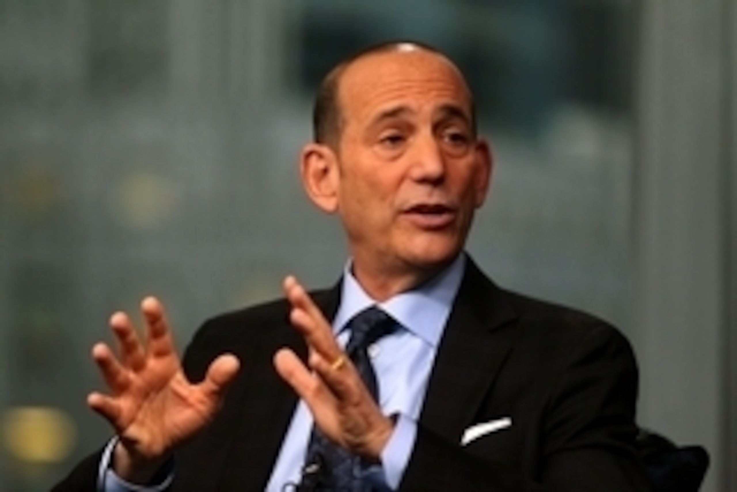 Dec 2, 2014; New York, NY, USA; MLS Commissioner Don Garber during the MLS state of the league address at Univision Studios. Mandatory Credit: Noah K. Murray-USA TODAY Sports