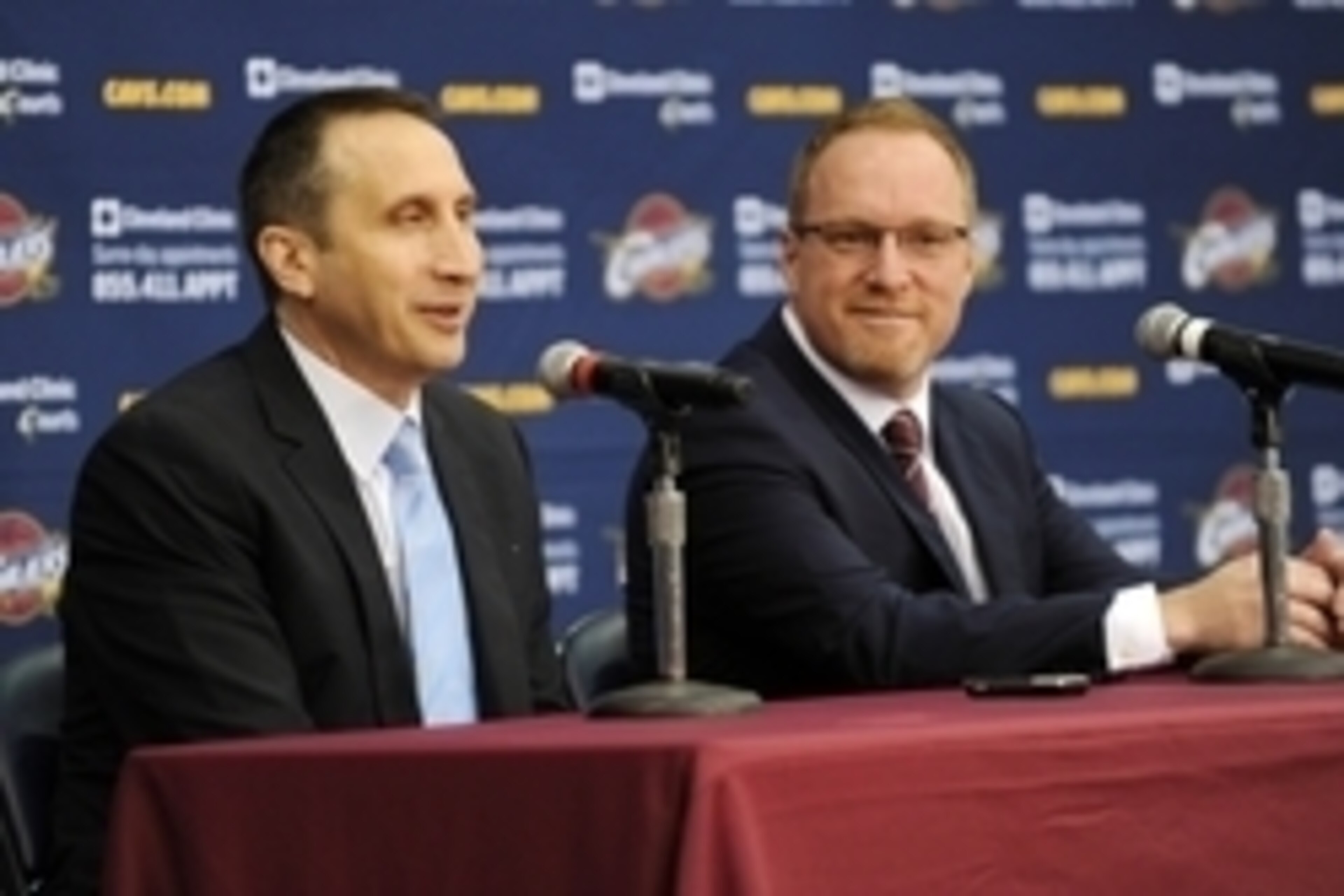 Sep 26, 2014; Cleveland, OH, USA; Cleveland Cavaliers head coach David Blatt and general manager David Griffin address the media during media day at Cleveland Clinic Courts. Mandatory Credit: Ken Blaze-USA TODAY Sports