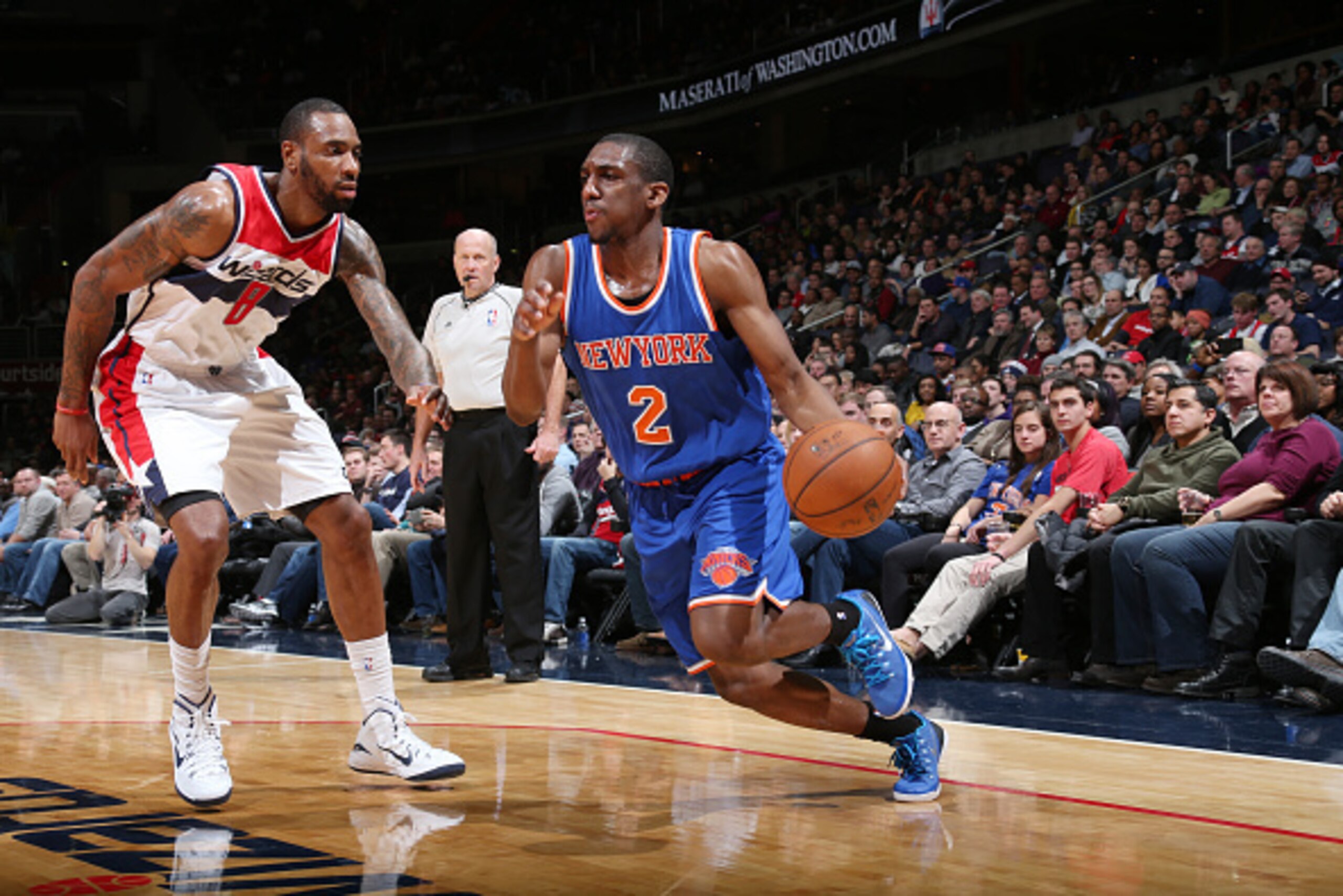 WASHINGTON, DC -  JANUARY 7: Langston Galloway #2 of the New York Knicks drives to the basket against the Washington Wizards during the game on January 7, 2015 at Verizon Center in Washington, DC. NOTE TO USER: User expressly acknowledges and agrees that,