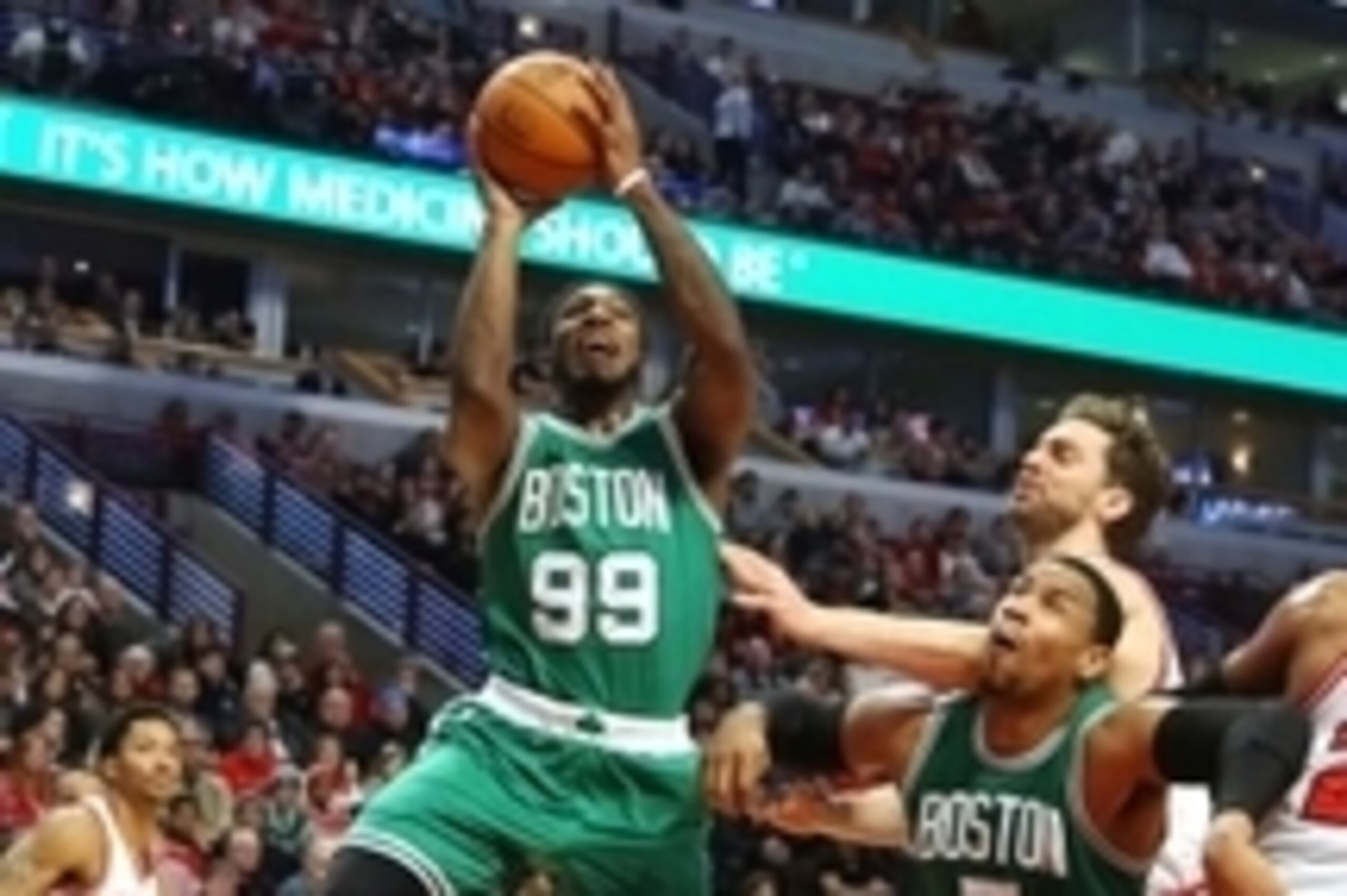 Jan 3, 2015; Chicago, IL, USA; Boston Celtics forward Jae Crowder (99) takes a shot during the second quarter against the Chicago Bulls at the United Center. Mandatory Credit: Dennis Wierzbicki-USA TODAY Sports
