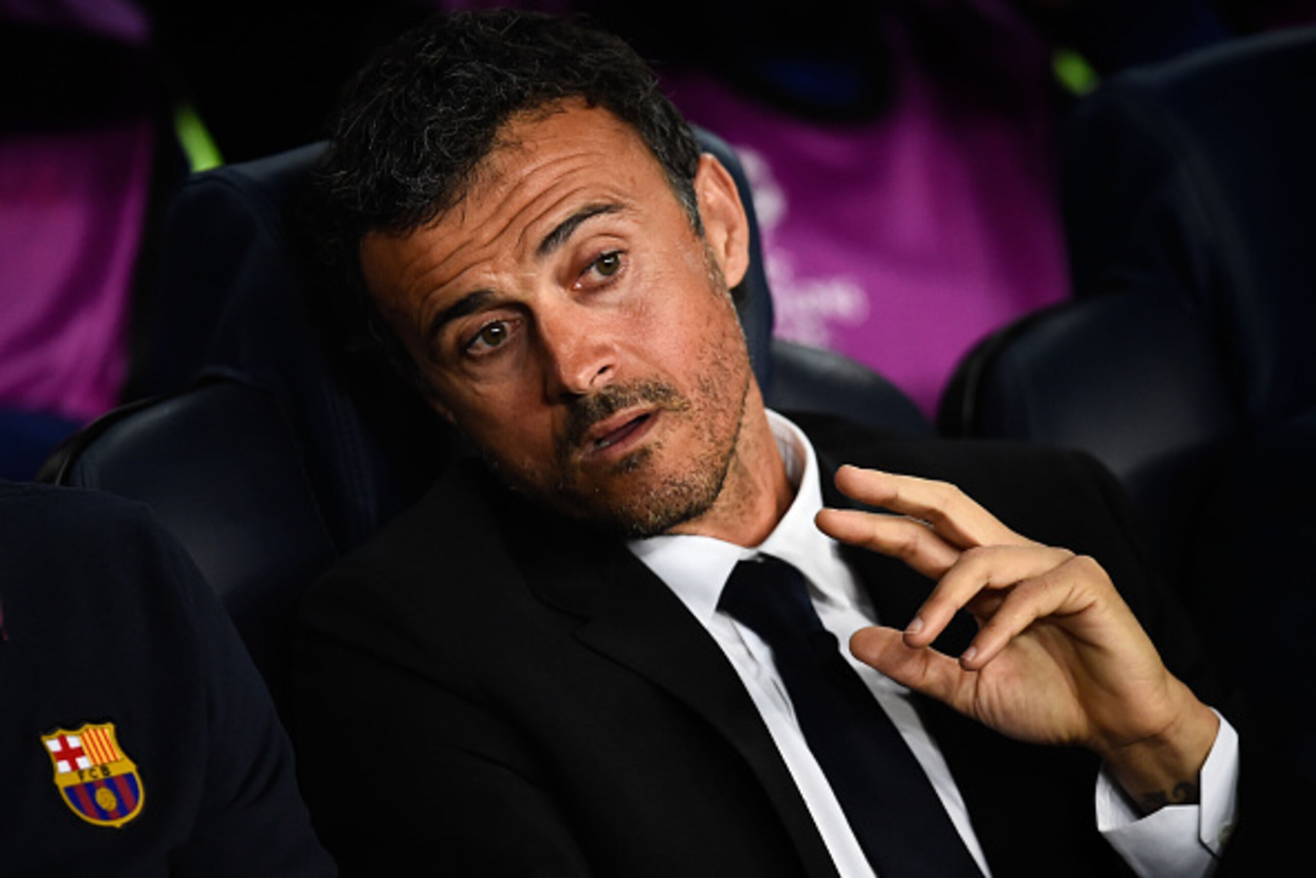 BARCELONA, SPAIN - OCTOBER 21:  Head coach Luis Enrique of FC Barcelona looks on during a UEFA Champions League Group F match between FC Barcelona and AFC Ajax at the Camp Nou Stadium on October 21, 2014 in Barcelona, Spain.  (Photo by David Ramos/Getty I