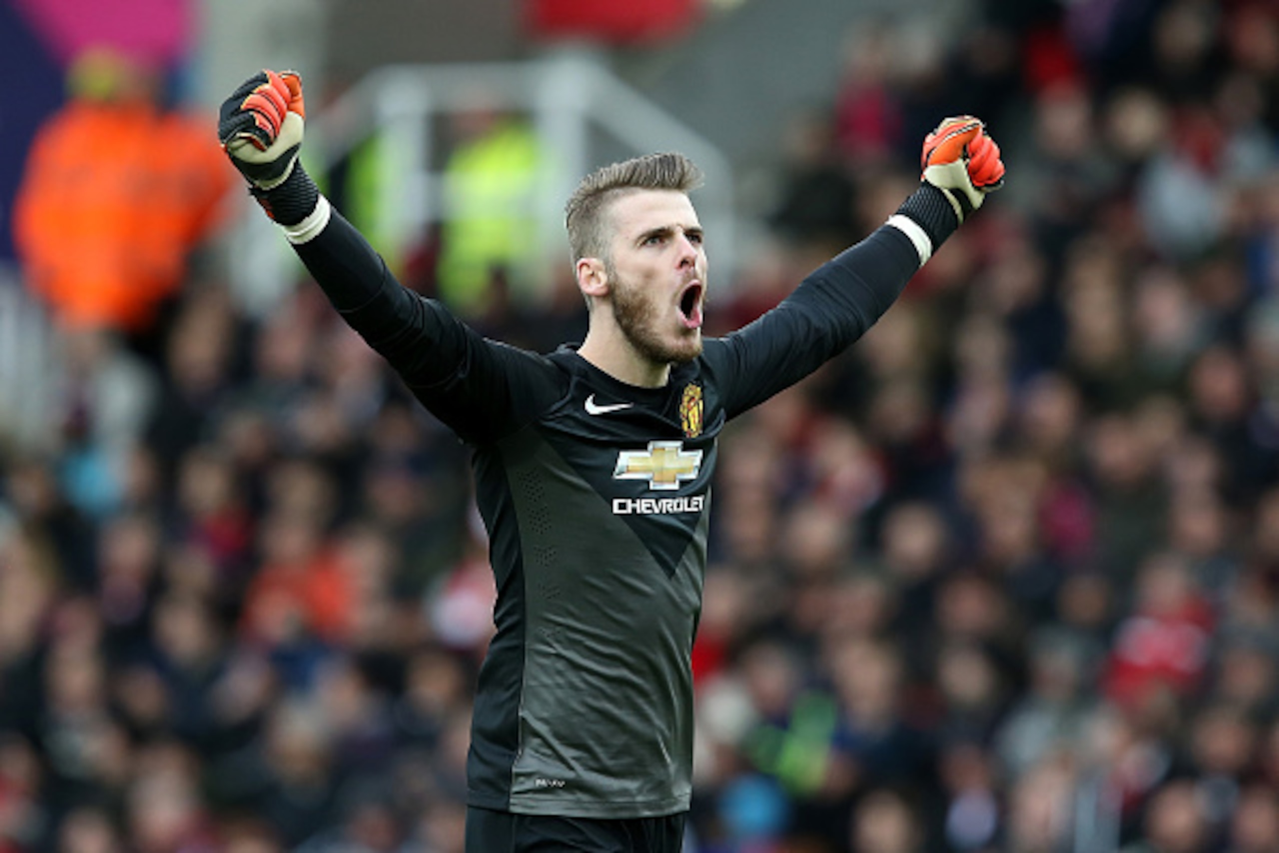 STOKE ON TRENT, ENGLAND - JANUARY 01:  David De Gea of Manchester United  celebrates his team's first goal during the Barclays Premier League match between Stoke City and Manchester United at Britannia Stadium on January 1, 2015 in Stoke on Trent, England