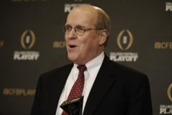 Oct 28, 2014; Grapevine, TX, USA;  Executive director Bill Hancock speaks to the media after the unveiling of the top 25 teams in the initial college football playoff rankings at the Gaylord Texan Hotel. Mandatory Credit: Kevin Jairaj-USA TODAY Sports