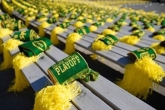 Jan 1, 2015; Pasadena, CA, USA; Detailed view of Oregon Ducks College Football Playoff scarves prior to the 2015 Rose Bowl college football game at Rose Bowl. Mandatory Credit: Kelvin Kuo-USA TODAY Sports