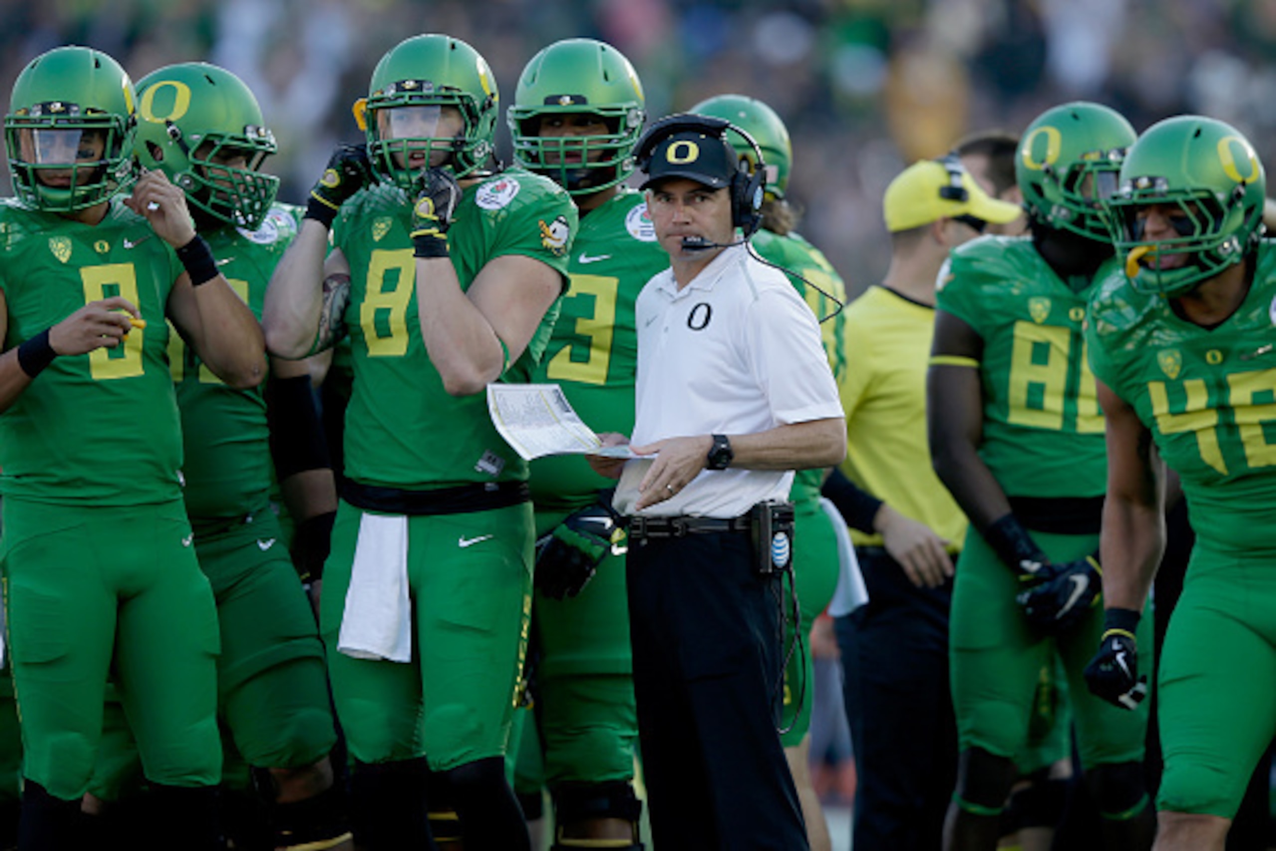 PASADENA, CA - JANUARY 01:  Oregon Ducks head coach Mark Helfrich stands on the sidelines during the College Football Playoff Semifinal against the Florida State Seminoles at the Rose Bowl Game presented by Northwestern Mutual at the Rose Bowl on January 