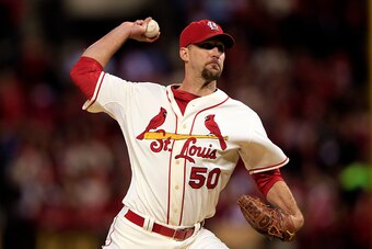 ST LOUIS, MO - OCTOBER 11:  Adam Wainwright #50 of the St. Louis Cardinals pitches against the San Francisco Giants during Game One of the National League Championship Series at Busch Stadium on October 11, 2014 in St Louis, Missouri.  (Photo by Jamie Squ