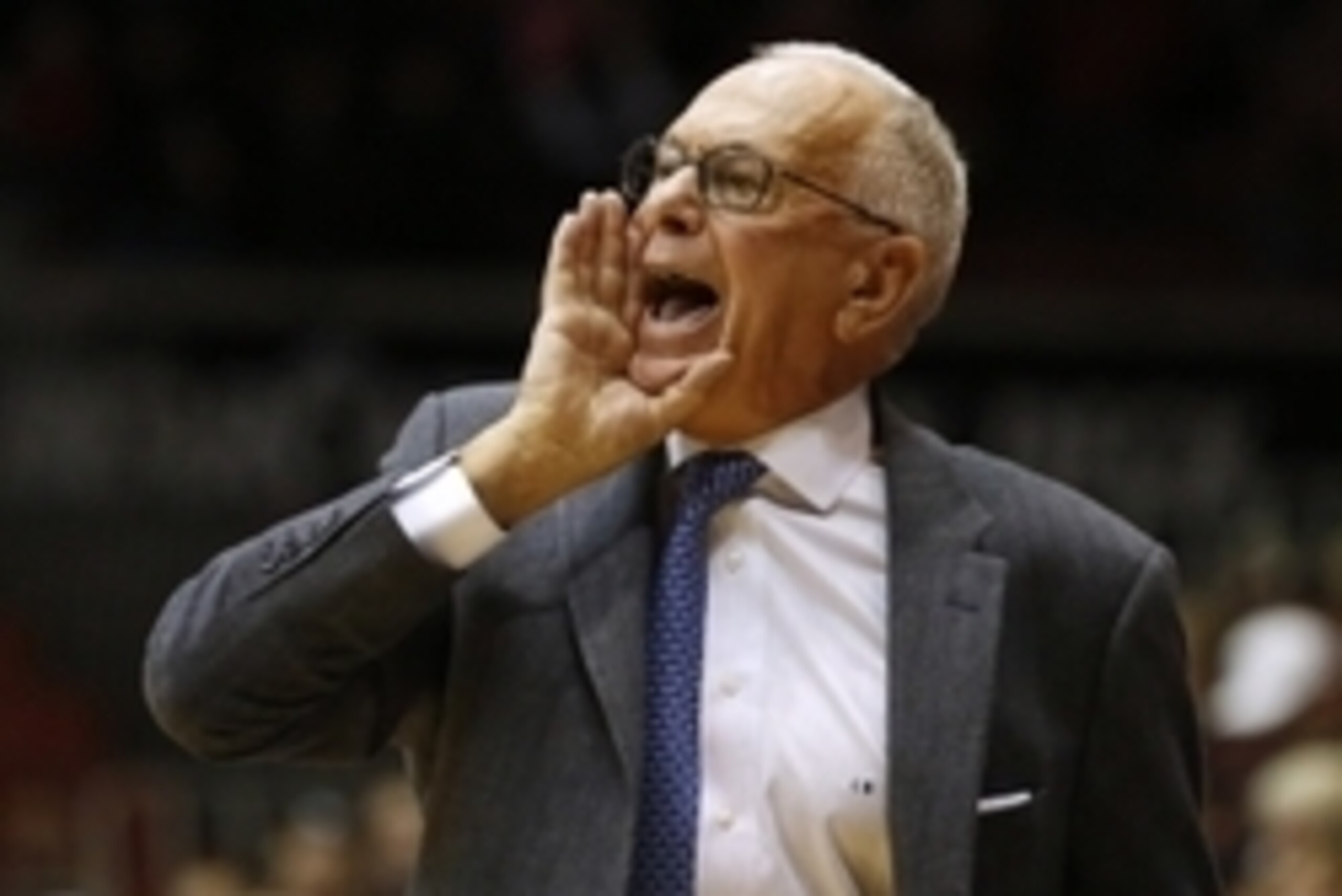 Jan 3, 2015; Cincinnati, OH, USA; Southern Methodist Mustangs head coach Larry Brown reacts from the bench during the second half against the Cincinnati Bearcats at Fifth Third Arena. The Bearcats won 56-50. Mandatory Credit: Aaron Doster-USA TODAY Sports