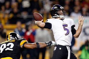 PITTSBURGH, PA - JANUARY 03:  Joe Flacco #5 of the Baltimore Ravens passes against the Pittsburgh Steelers during their AFC Wild Card game at Heinz Field on January 3, 2015 in Pittsburgh, Pennsylvania.  (Photo by Gregory Shamus/Getty Images)