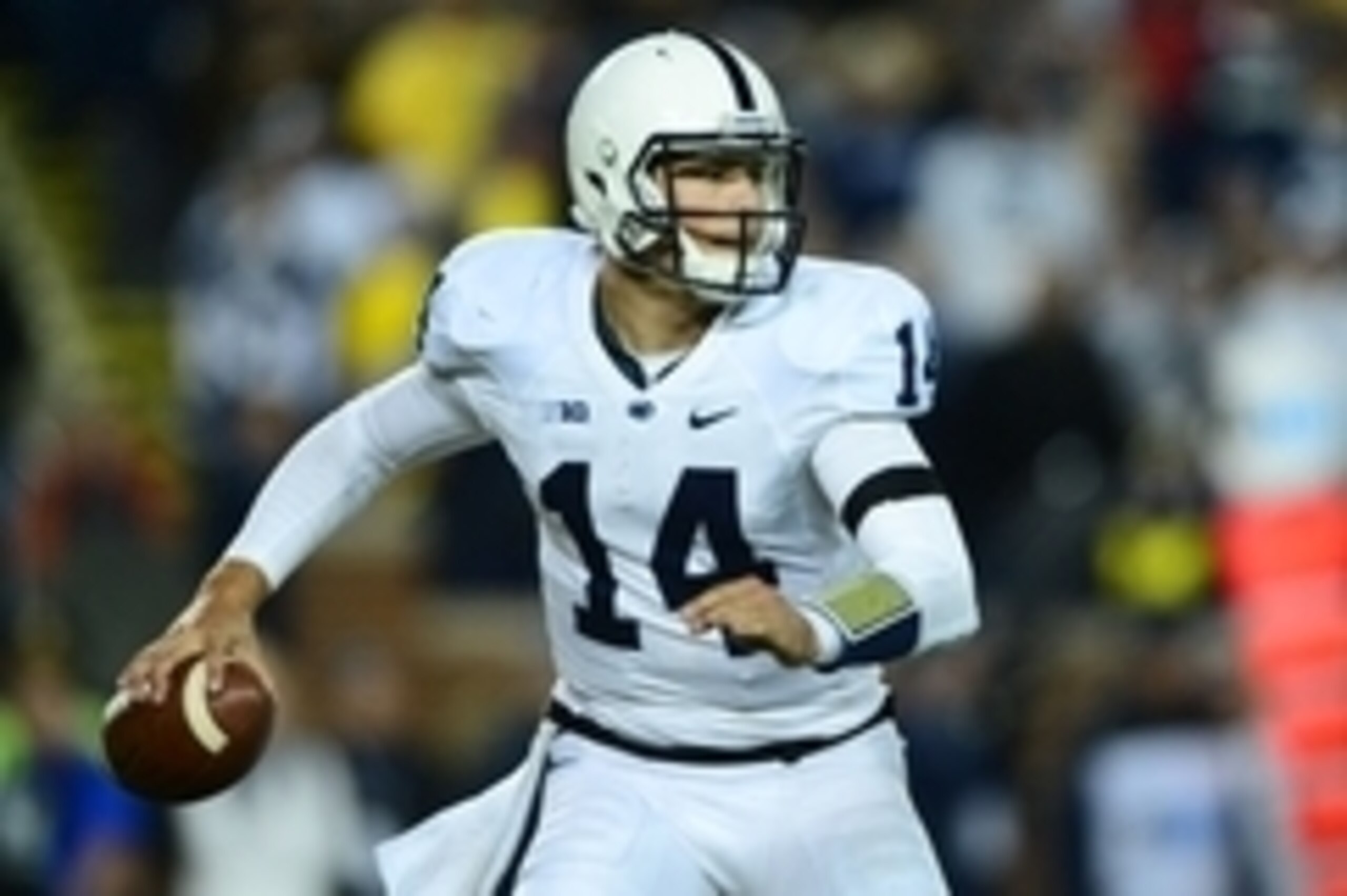Oct 11, 2014; Ann Arbor, MI, USA; Penn State Nittany Lions quarterback Christian Hackenberg (14) throws a pass during the fourth quarter against the Michigan Wolverines at Michigan Stadium. Mandatory Credit: Andrew Weber-USA TODAY Sports