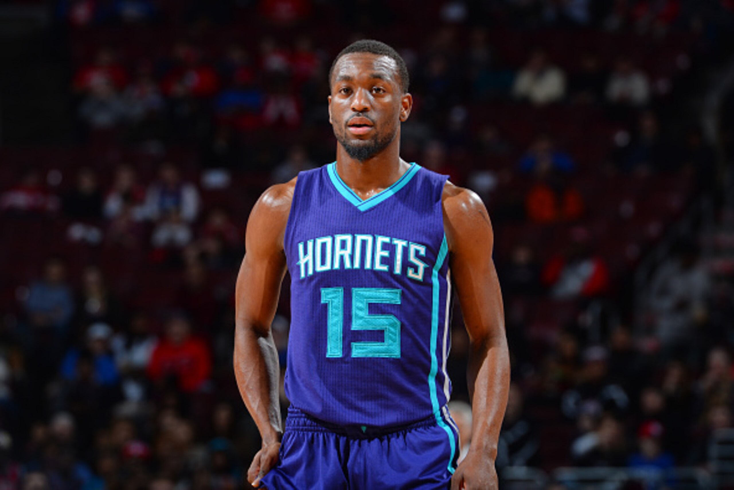 PHILADELPHIA, PA - DECEMBER 19: Kemba Walker #15 of the Charlotte Hornets looks on against the Philadelphia 76ers  on December 19, 2014 at Wells Fargo Center in Philadelphia, PA. NOTE TO USER: User expressly acknowledges and agrees that, by downloading an