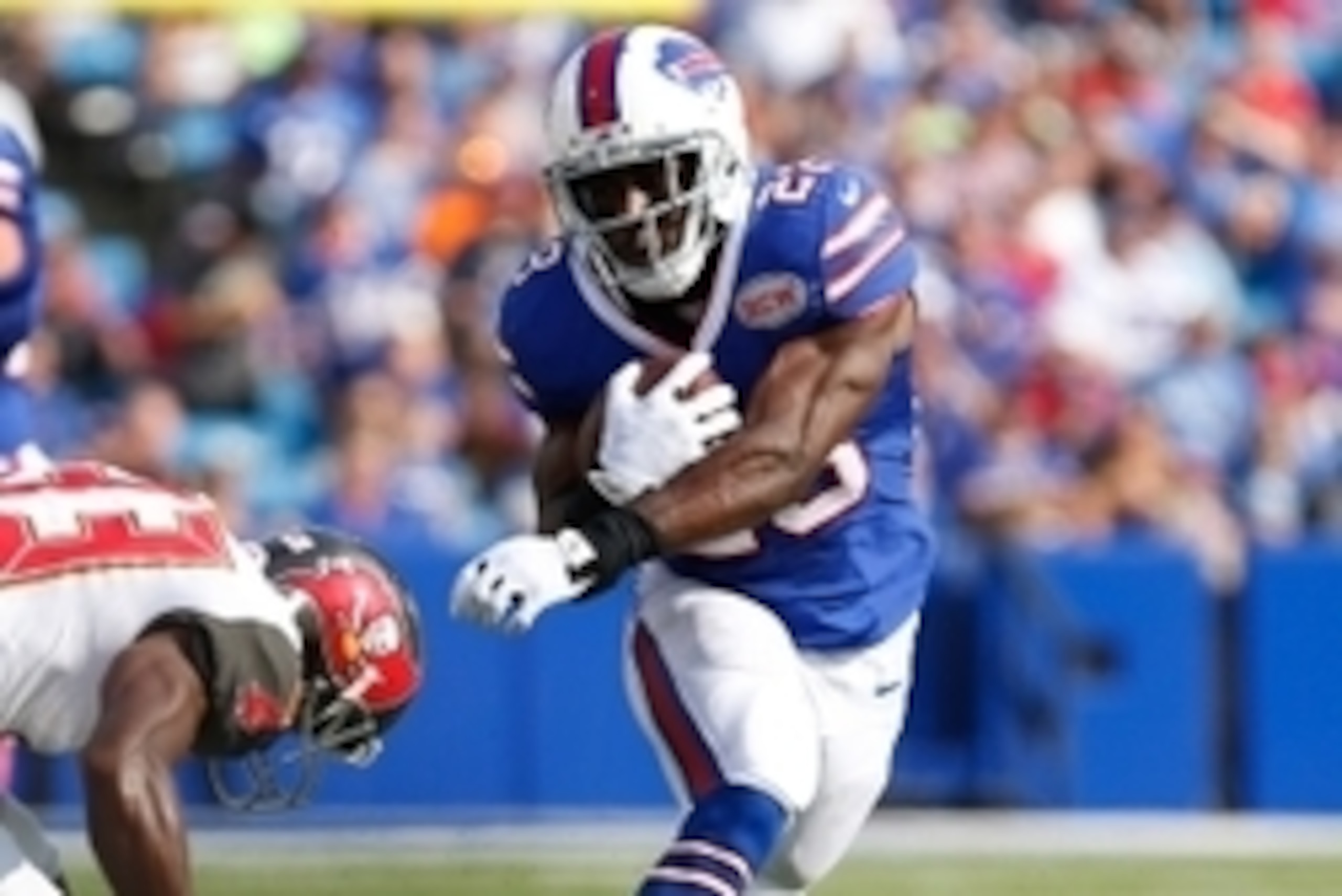 Aug 23, 2014; Orchard Park, NY, USA; Buffalo Bills running back C.J. Spiller (28) during the game against the Tampa Bay Buccaneers at Ralph Wilson Stadium. Mandatory Credit: Kevin Hoffman-USA TODAY Sports