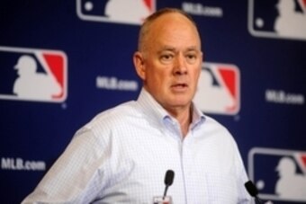 Dec 11, 2013; Orlando, FL, USA; New York Mets general manager Sandy Alderson announces that the MLB rules committee approved a change eliminating collisions at home plate during the MLB Winter Meetings at the Walt Disney World Swan and Dolphin Resort. The
