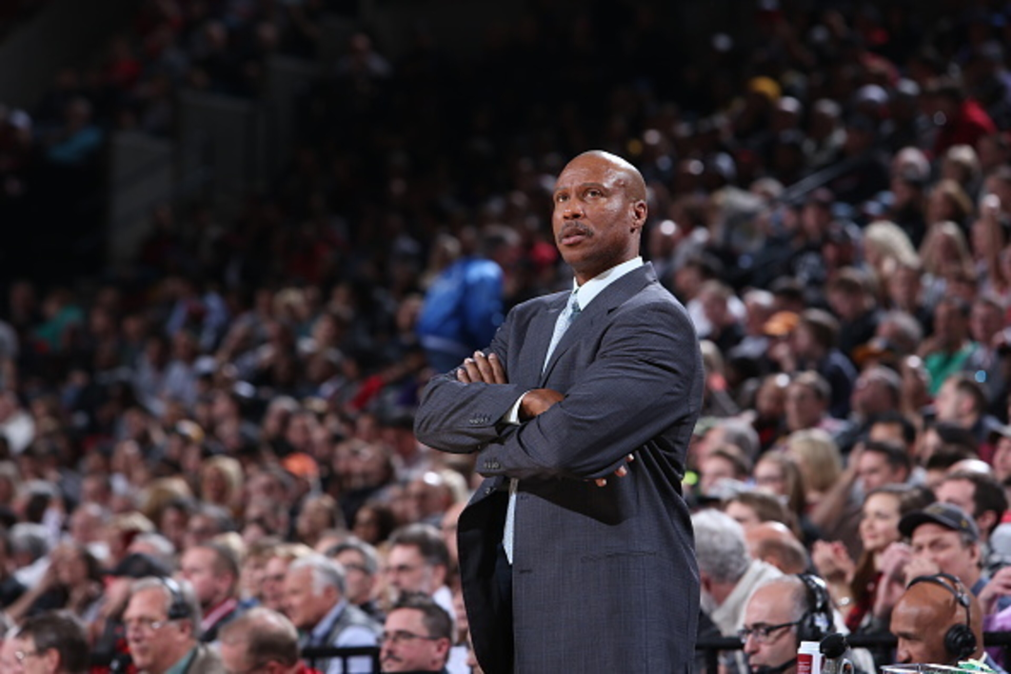PORTLAND, OR - JANUARY 5:  Head Coach Byron Scott of the Los Angeles Lakers looks on during the game against the Portland Trail Blazers on January 5, 2015 at the Moda Center in Portland, Oregon. NOTE TO USER: User expressly acknowledges and agrees that, b
