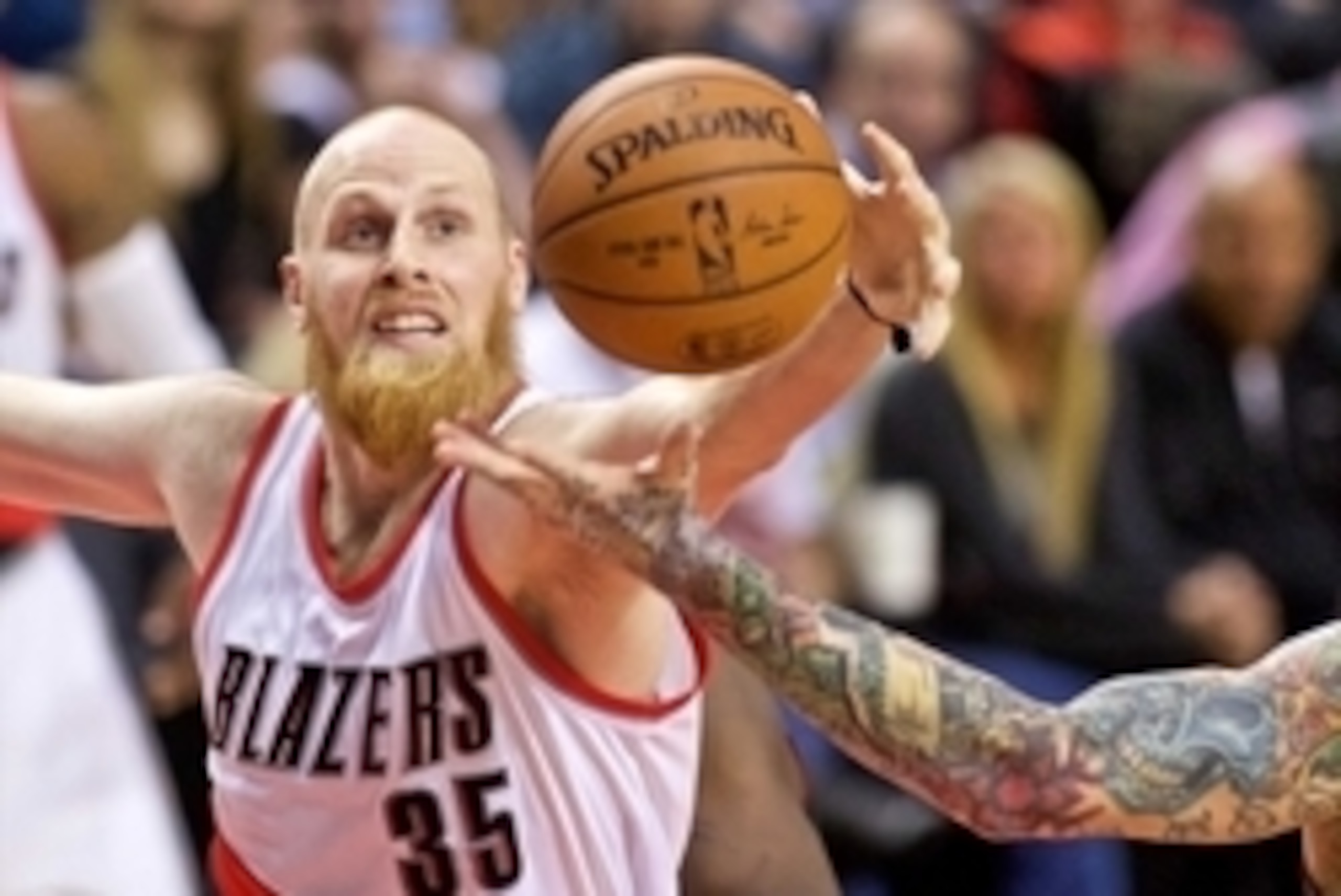 Jan 8, 2015; Portland, OR, USA; Portland Trail Blazers center Chris Kaman (35) grabs a rebound against the Miami Heat during the third quarter at the Moda Center. Mandatory Credit: Craig Mitchelldyer-USA TODAY Sports Jan 8, 2015; Portland, OR, USA; Portland Trail Blazers center Chris Kaman (35) grabs a rebound against the Miami Heat during the third quarter at the Moda Center. Mandatory Credit: Craig Mitchelldyer-USA TODAY Sports